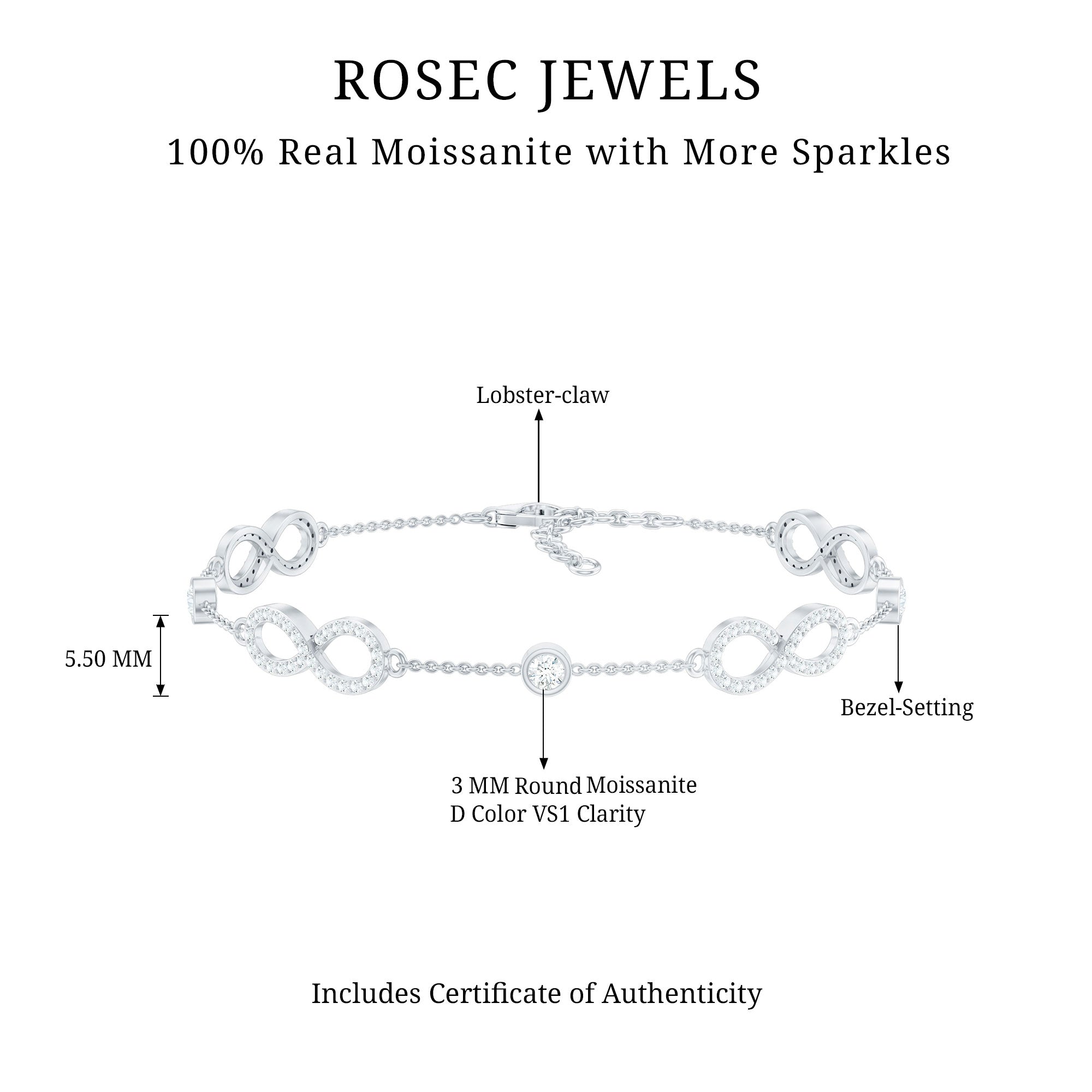 Certified Moissanite Infinity Chain Bracelet D-VS1 - Rosec Jewels