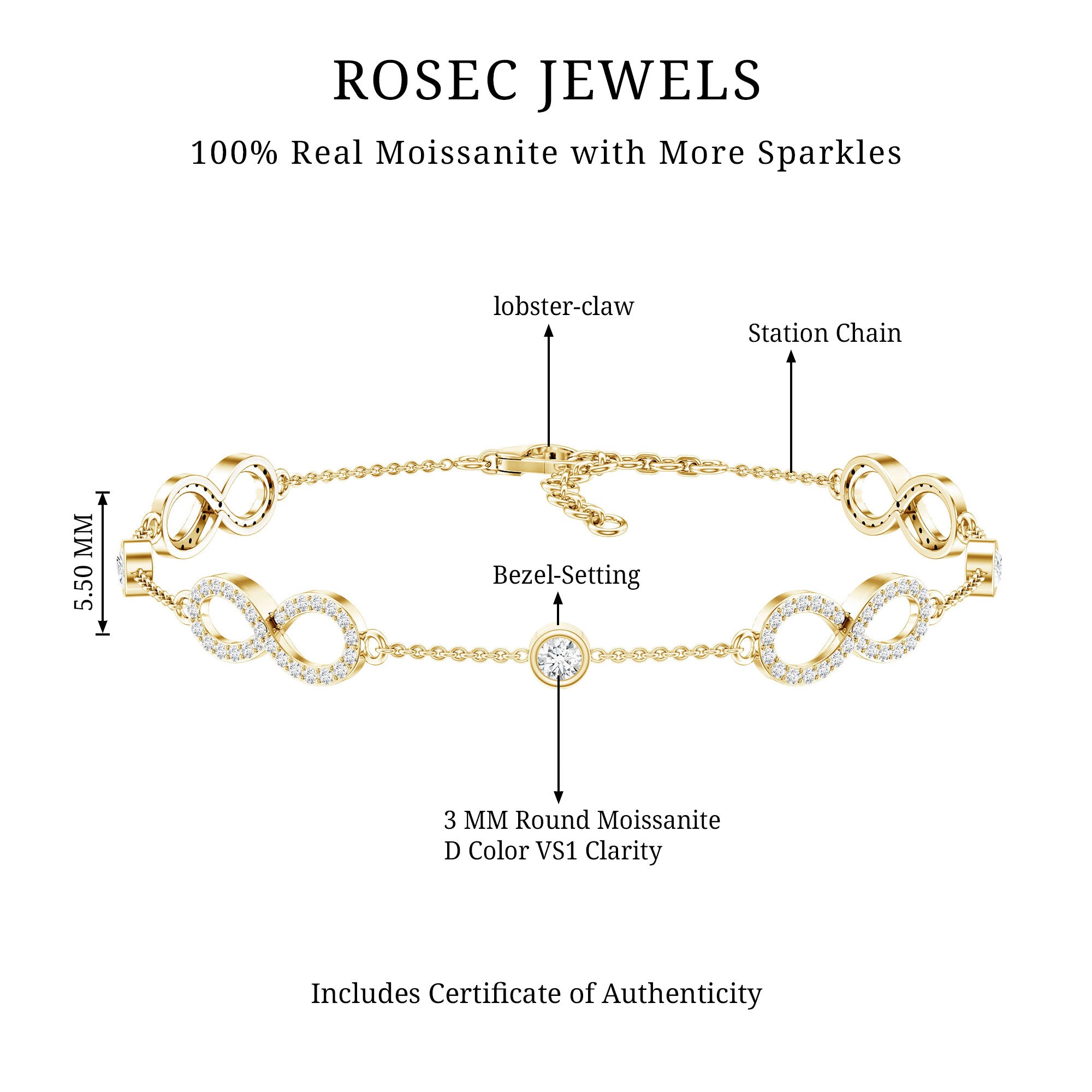 Certified Moissanite Infinity Chain Bracelet D-VS1 - Rosec Jewels