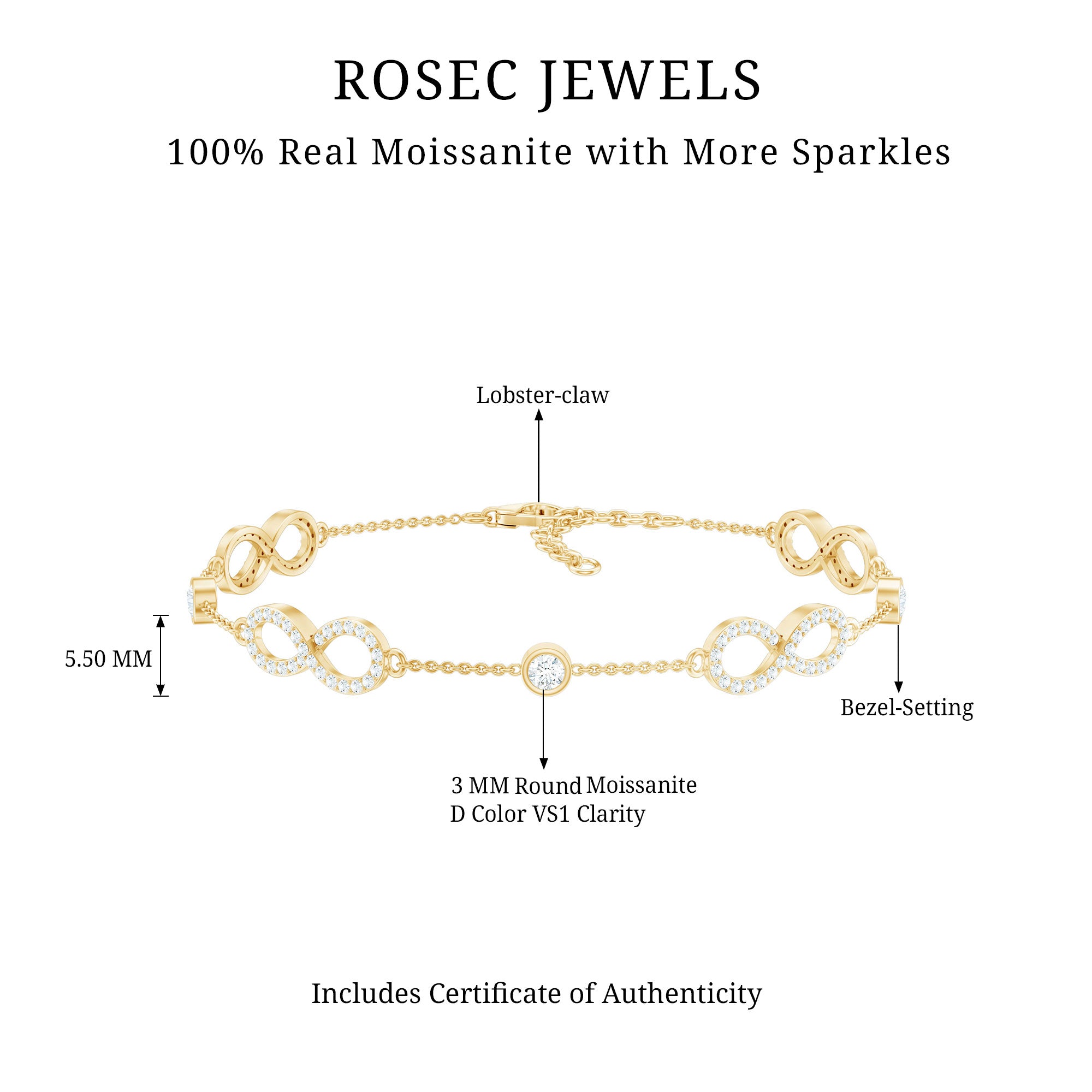 Certified Moissanite Infinity Chain Bracelet D-VS1 - Rosec Jewels