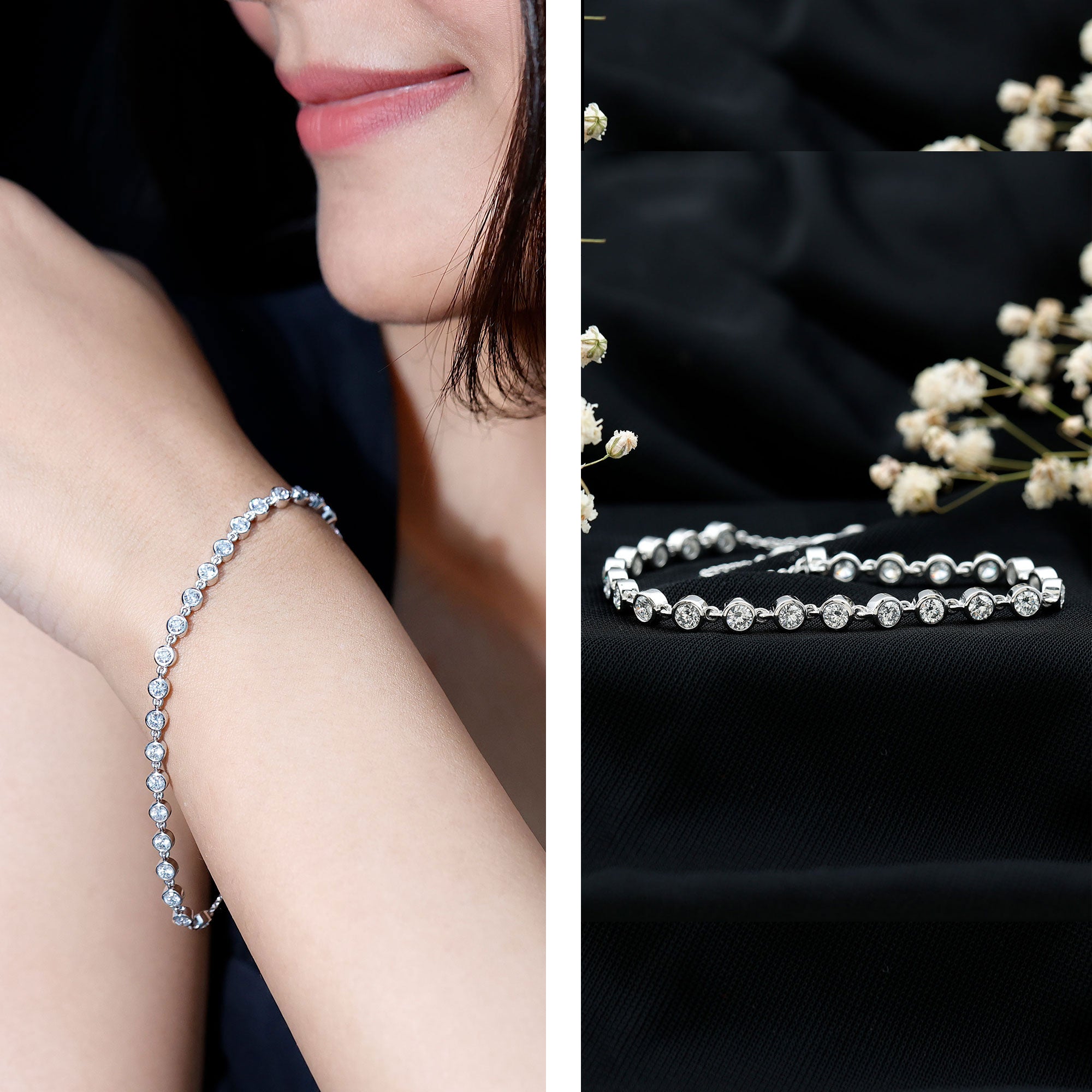 Certified Lab Grown Bezel Set Diamond Eternity Chain Bracelet Lab - ( EF-VS ) - Rosec Jewels