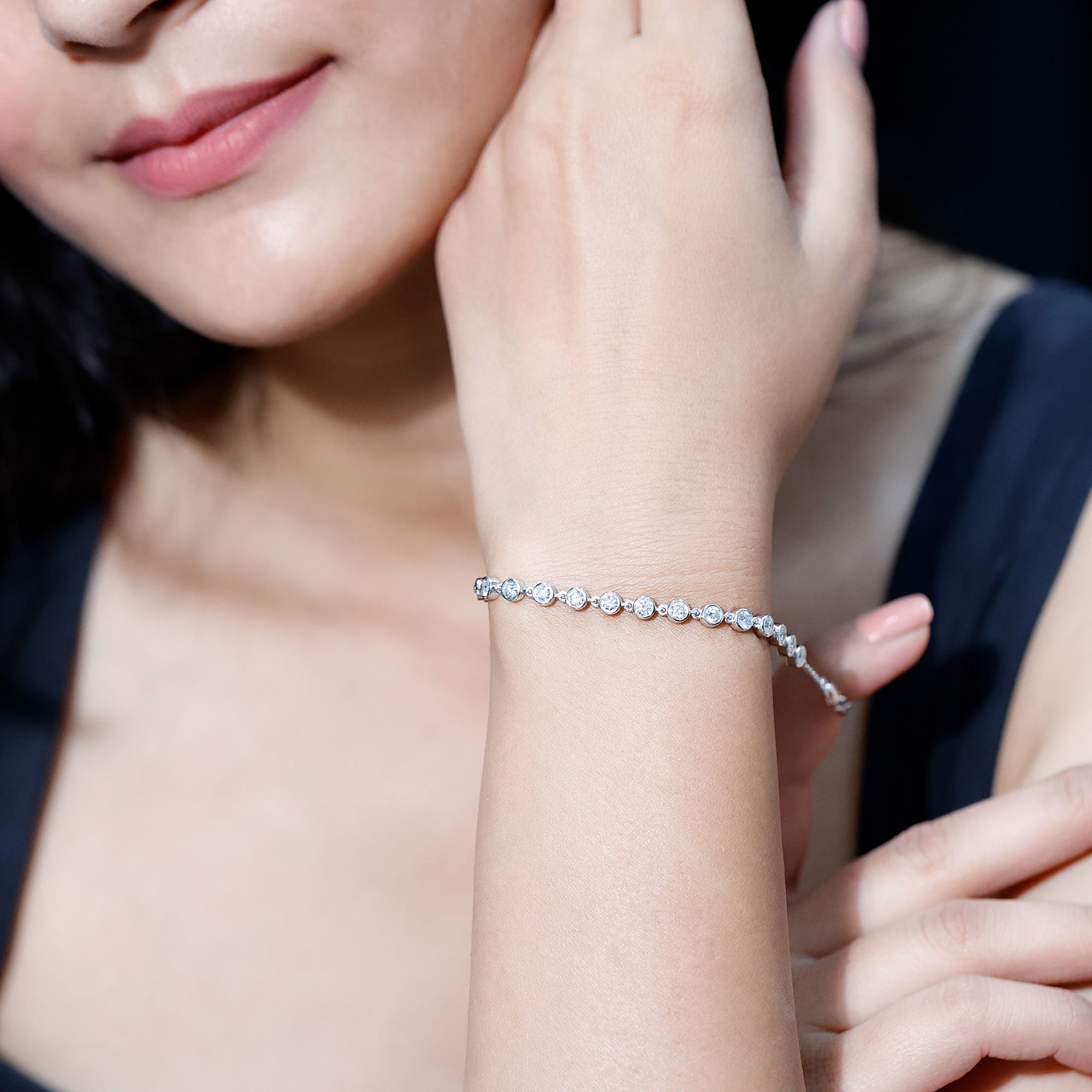 Certified Lab Grown Bezel Set Diamond Eternity Chain Bracelet Lab - ( EF-VS ) - Rosec Jewels
