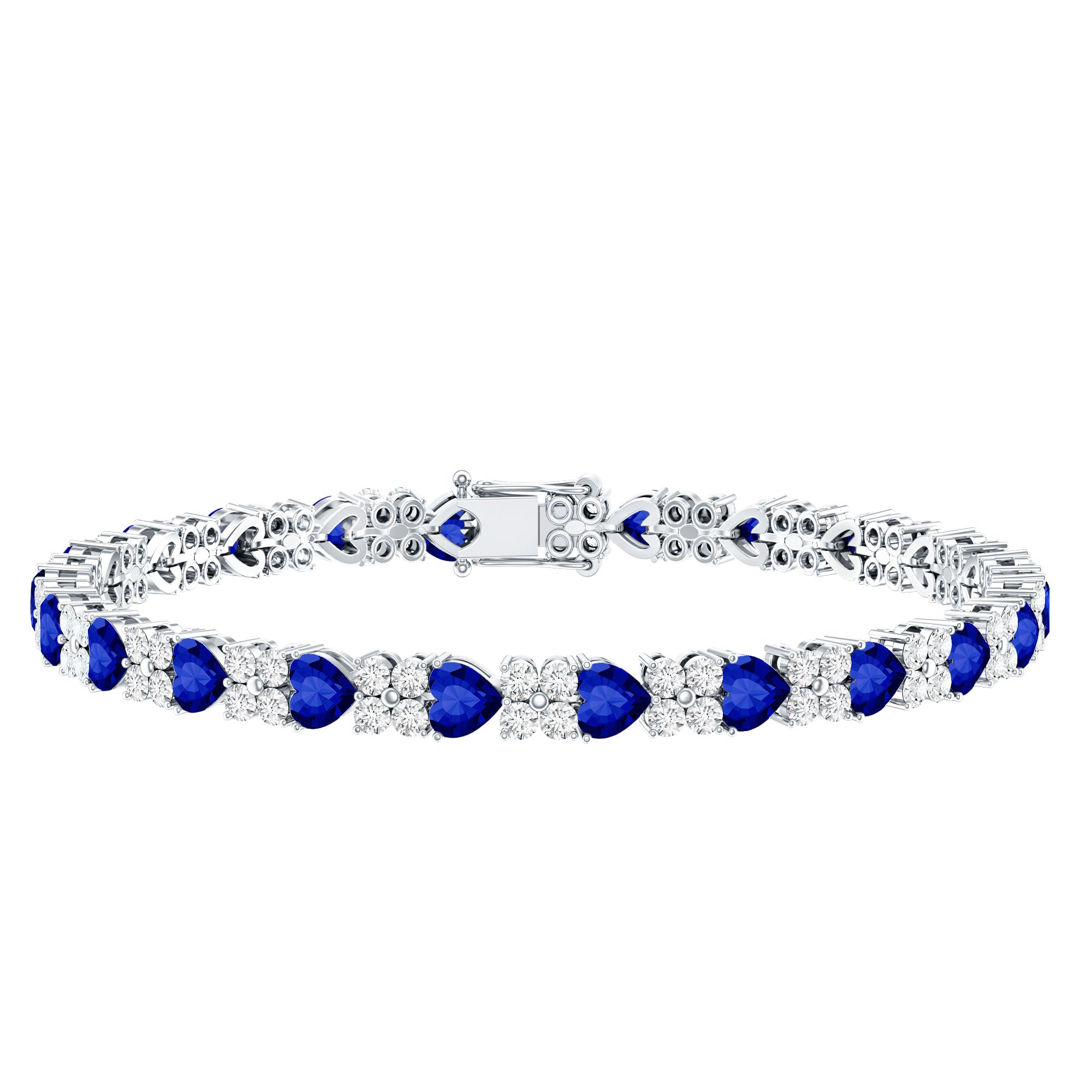 Heart Shape Lab Grown Blue Sapphire and Diamond Tennis Bracelet AAAA - Rosec Jewels