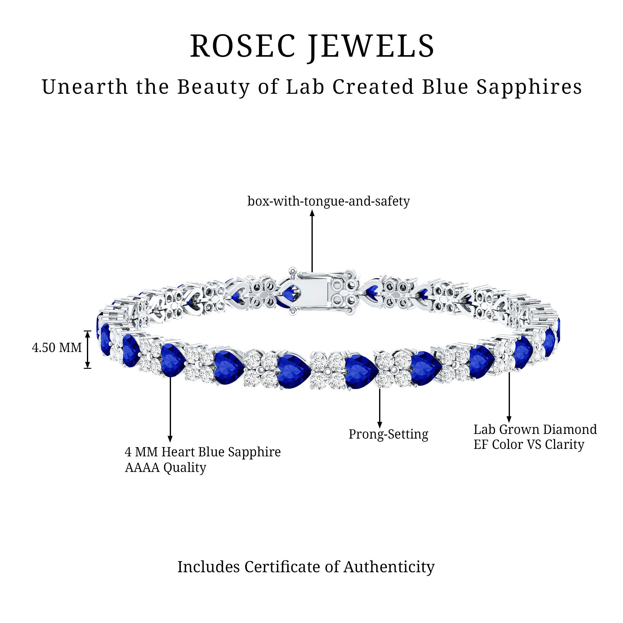 Heart Shape Lab Grown Blue Sapphire and Diamond Tennis Bracelet AAAA - Rosec Jewels