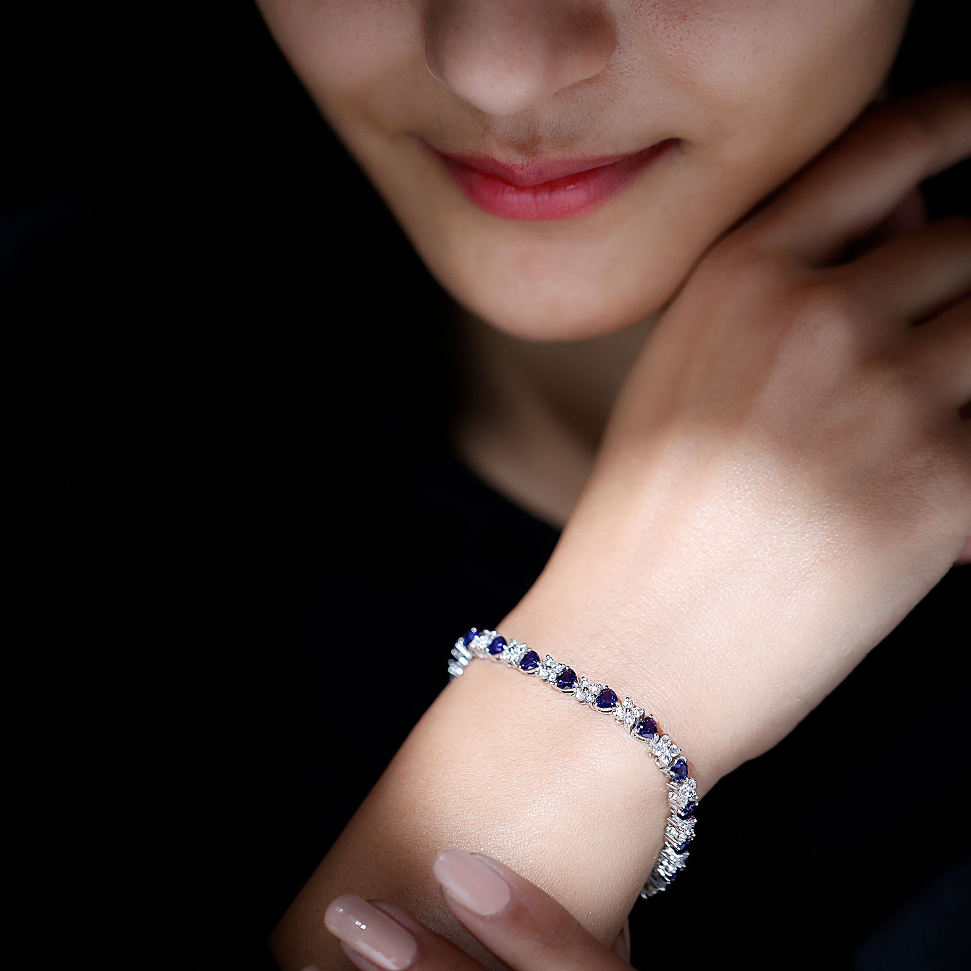 Heart Shape Lab Grown Blue Sapphire and Diamond Tennis Bracelet AAAA - Rosec Jewels