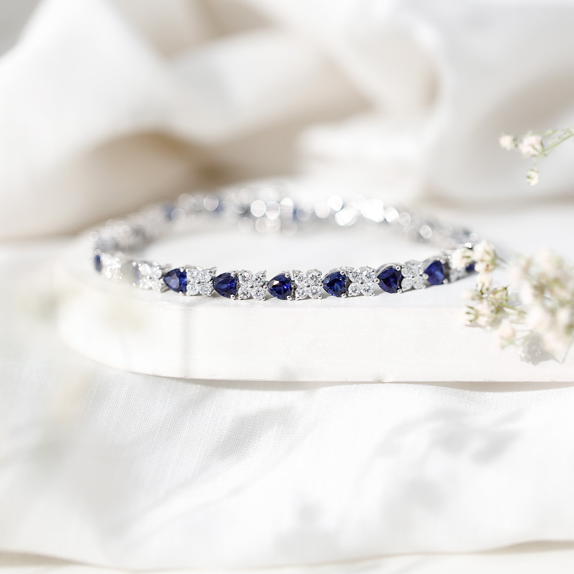 Heart Shape Lab Grown Blue Sapphire and Diamond Tennis Bracelet AAAA - Rosec Jewels