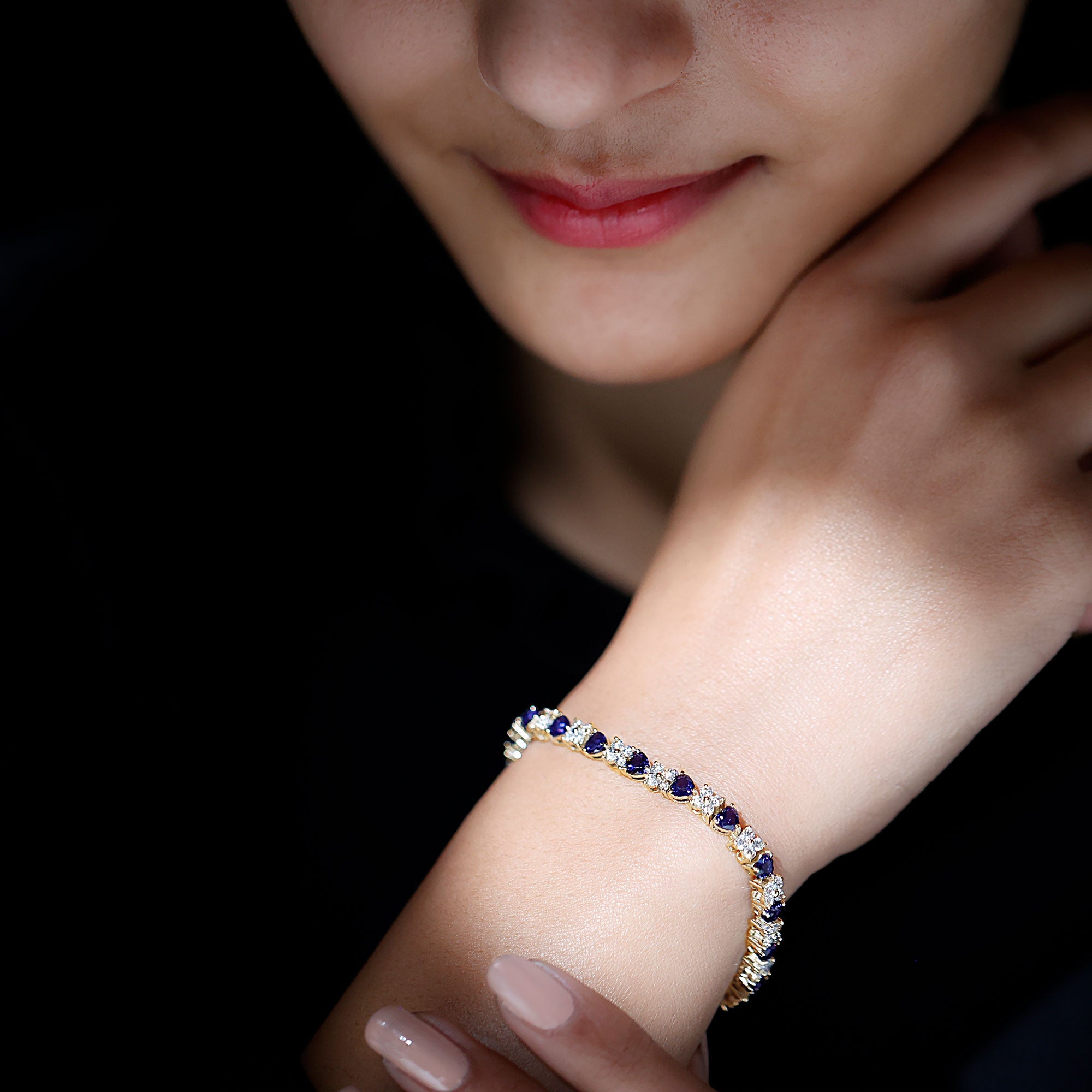 Heart Shape Lab Grown Blue Sapphire and Diamond Tennis Bracelet AAAA - Rosec Jewels