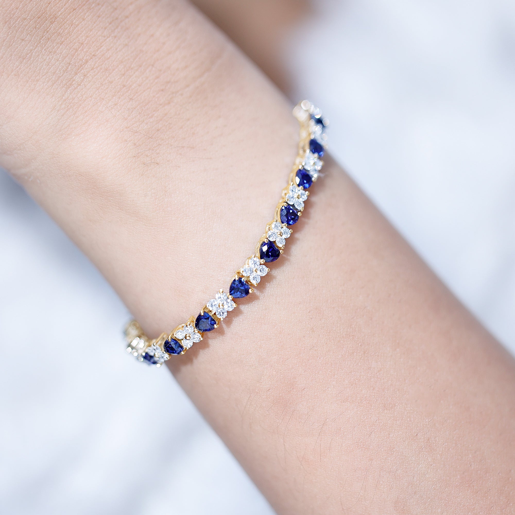 Heart Shape Lab Grown Blue Sapphire and Diamond Tennis Bracelet AAAA - Rosec Jewels