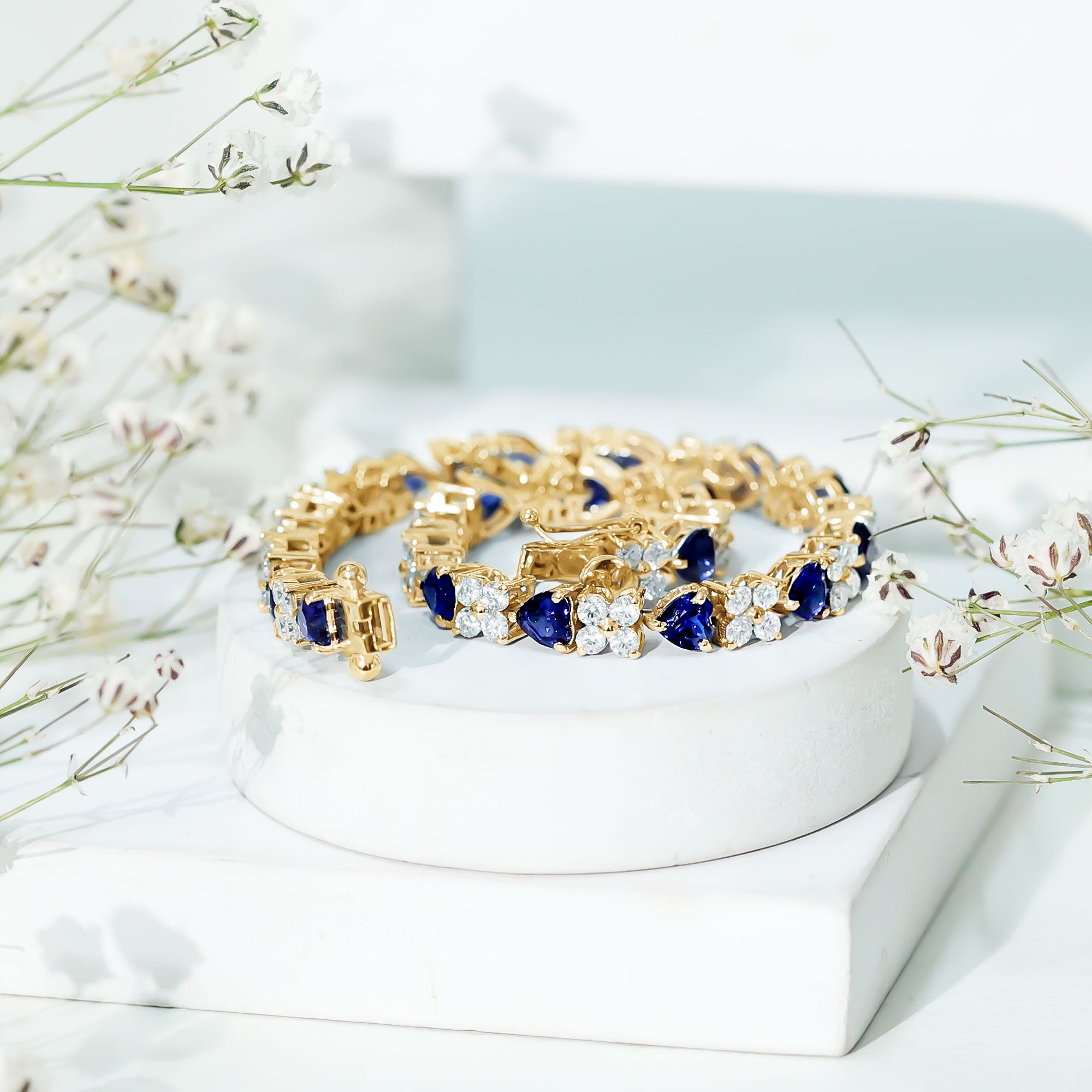 Heart Shape Lab Grown Blue Sapphire and Diamond Tennis Bracelet AAAA - Rosec Jewels