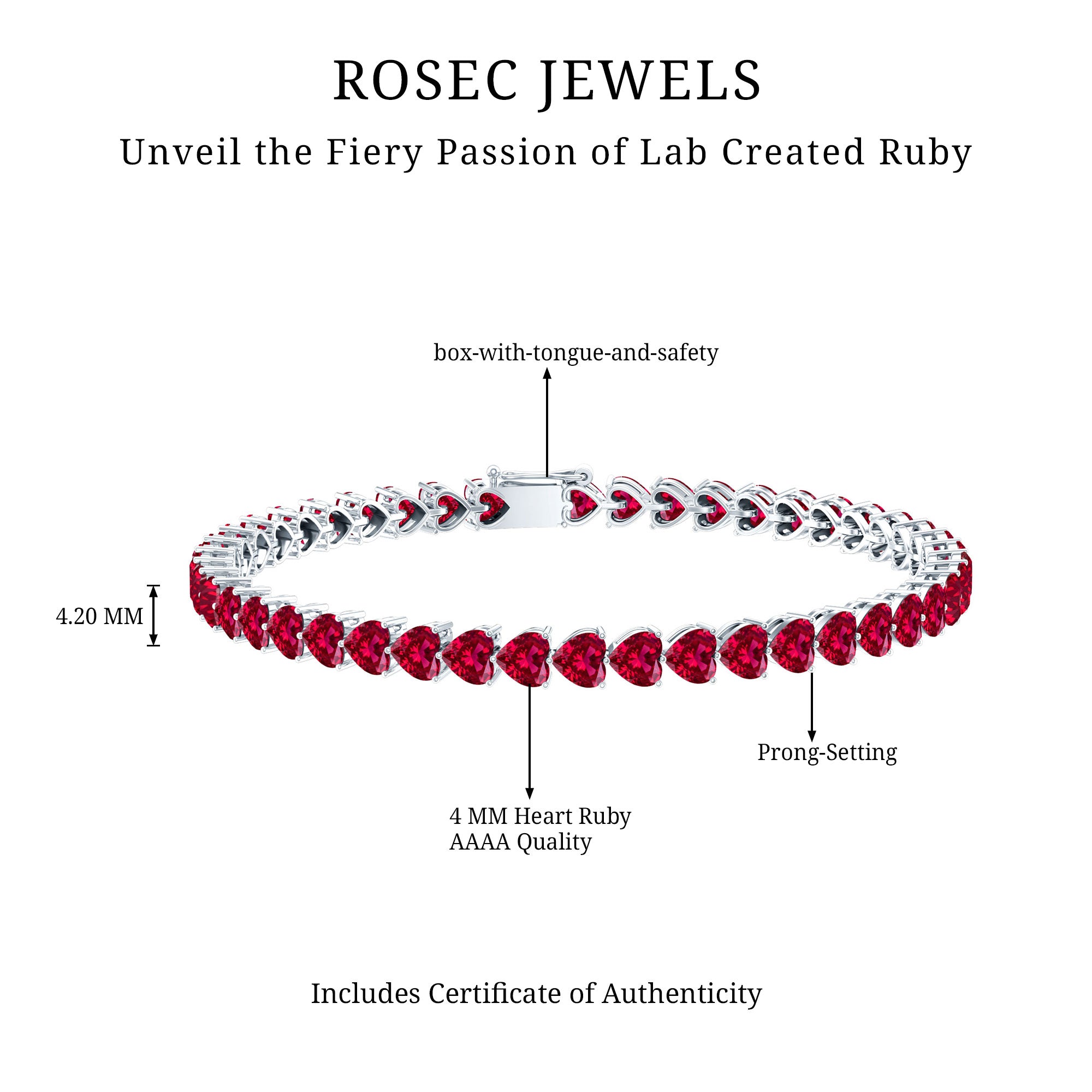 Heart Shape Lab Grown Ruby Tennis Bracelet AAAA - Rosec Jewels