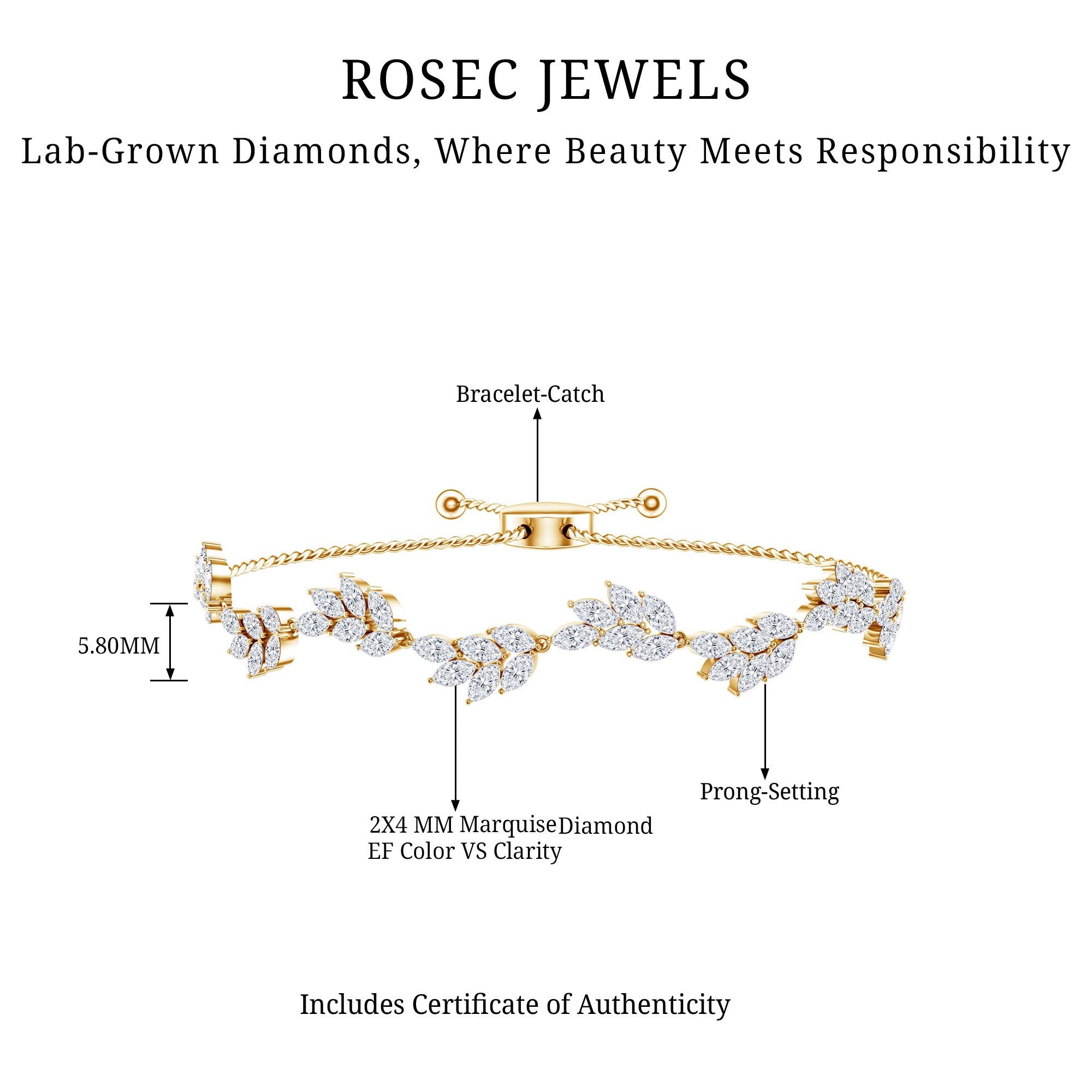 Certified Lab Grown Diamond Leaf Bolo Bracelet Adjustable Lab - ( EF-VS ) - Rosec Jewels