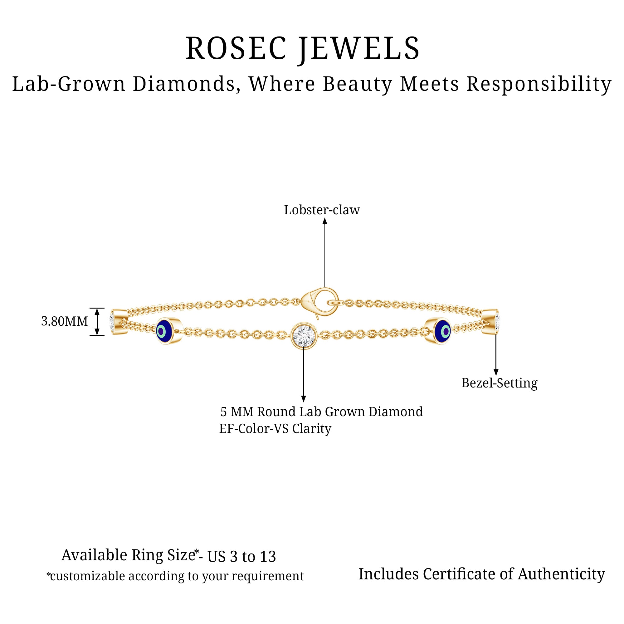 Lab Grown Bezel Set Diamond Evil Eye Bracelet Lab - ( EF-VS ) - Rosec Jewels
