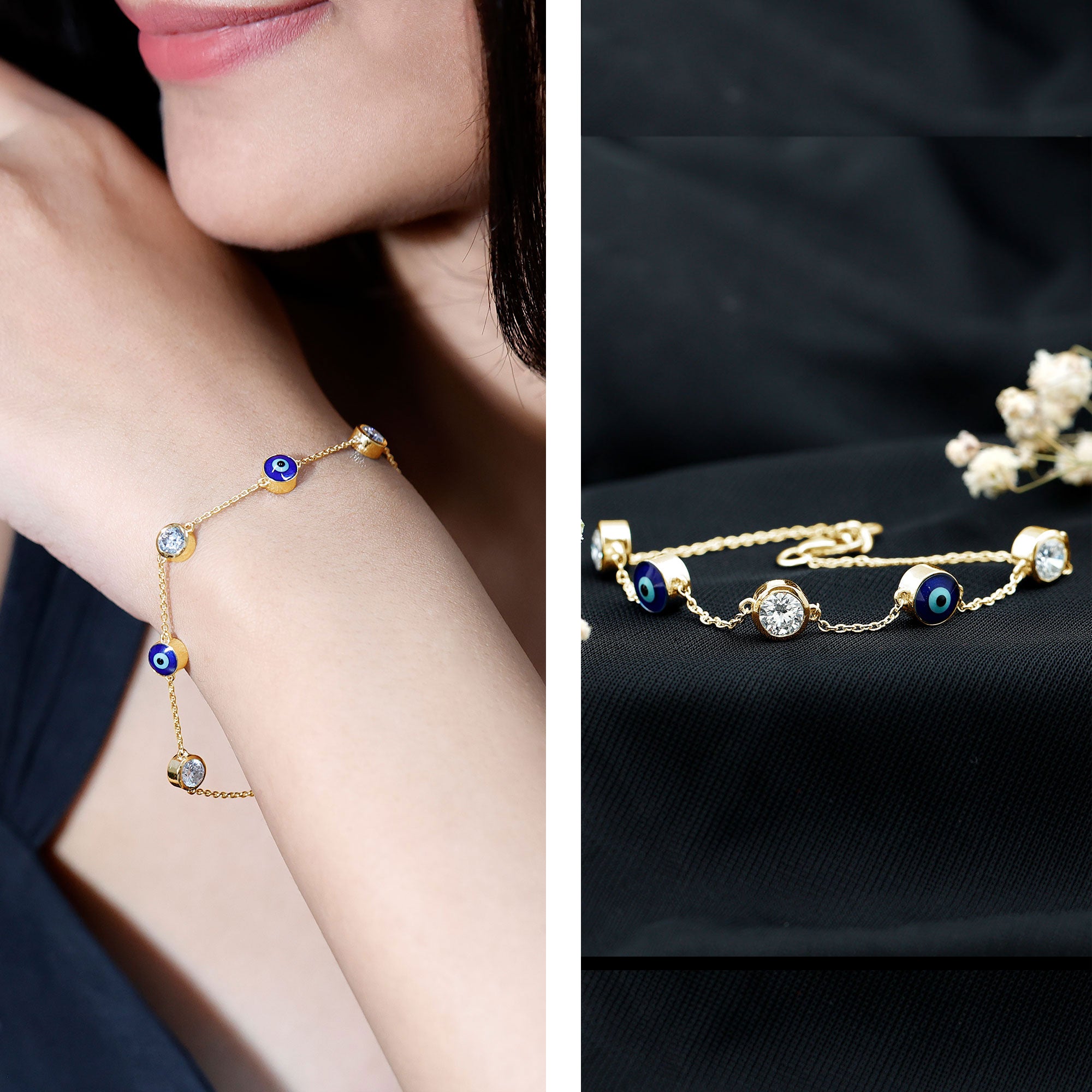 Lab Grown Bezel Set Diamond Evil Eye Bracelet Lab - ( EF-VS ) - Rosec Jewels