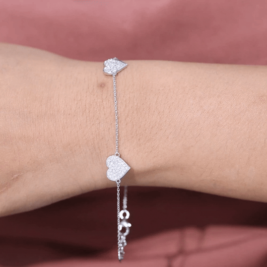Pave Set Lab Grown Diamond Heart Bracelet for Women Lab - ( EF-VS ) - Rosec Jewels