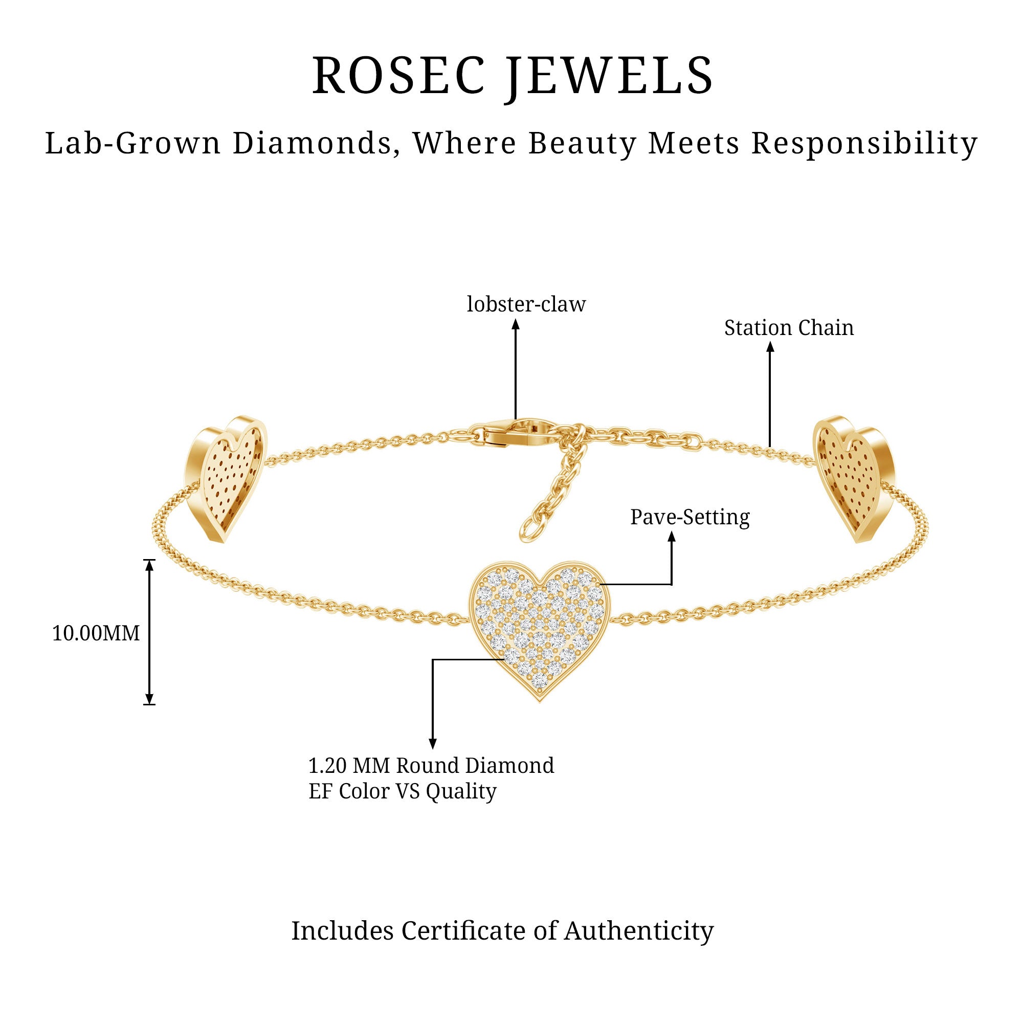 Pave Set Lab Grown Diamond Heart Bracelet for Women Lab - ( EF-VS ) - Rosec Jewels