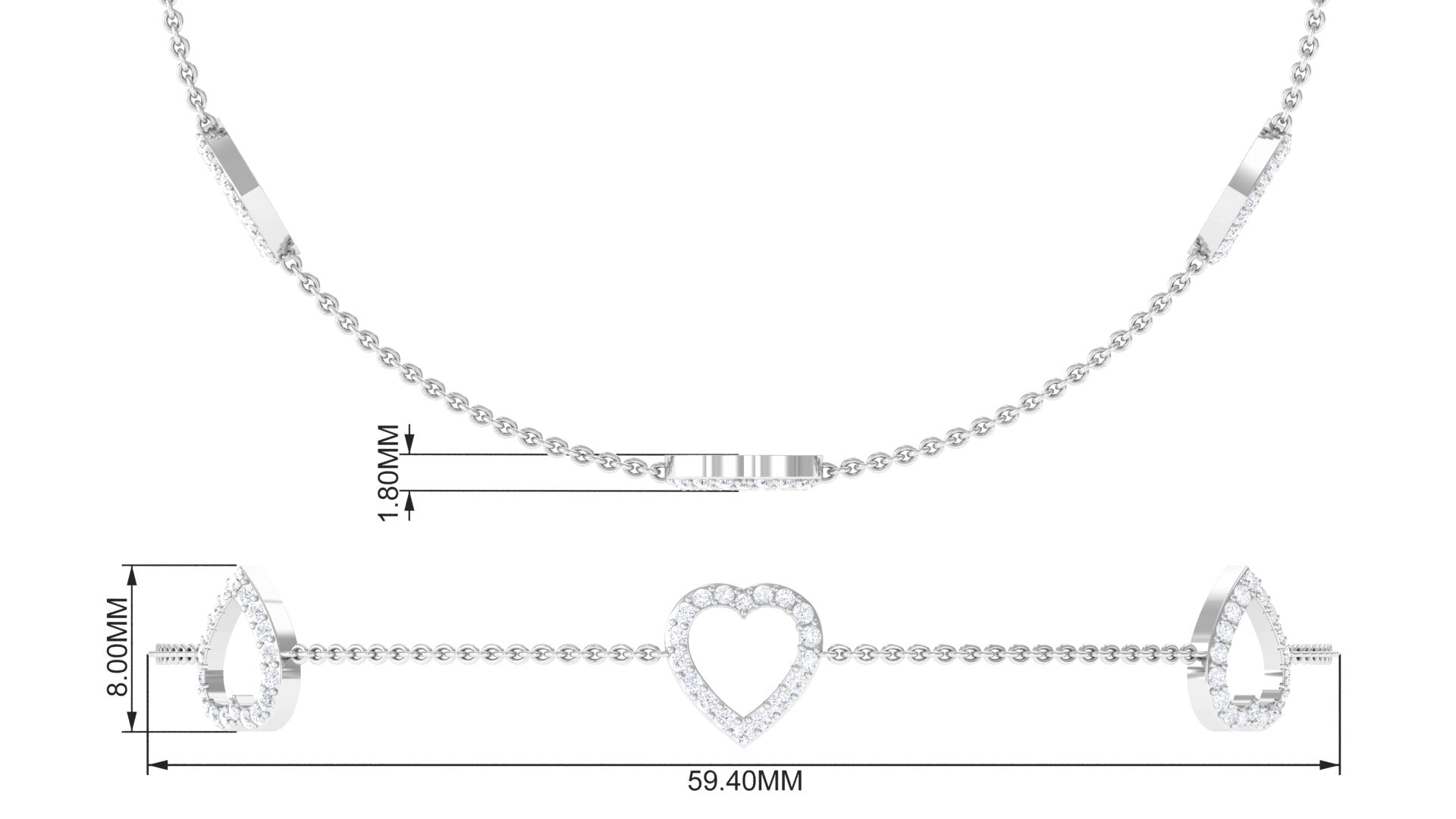 Certified Diamond Heart Chain Bracelet in Prong Setting Lab - ( EF-VS ) - Rosec Jewels