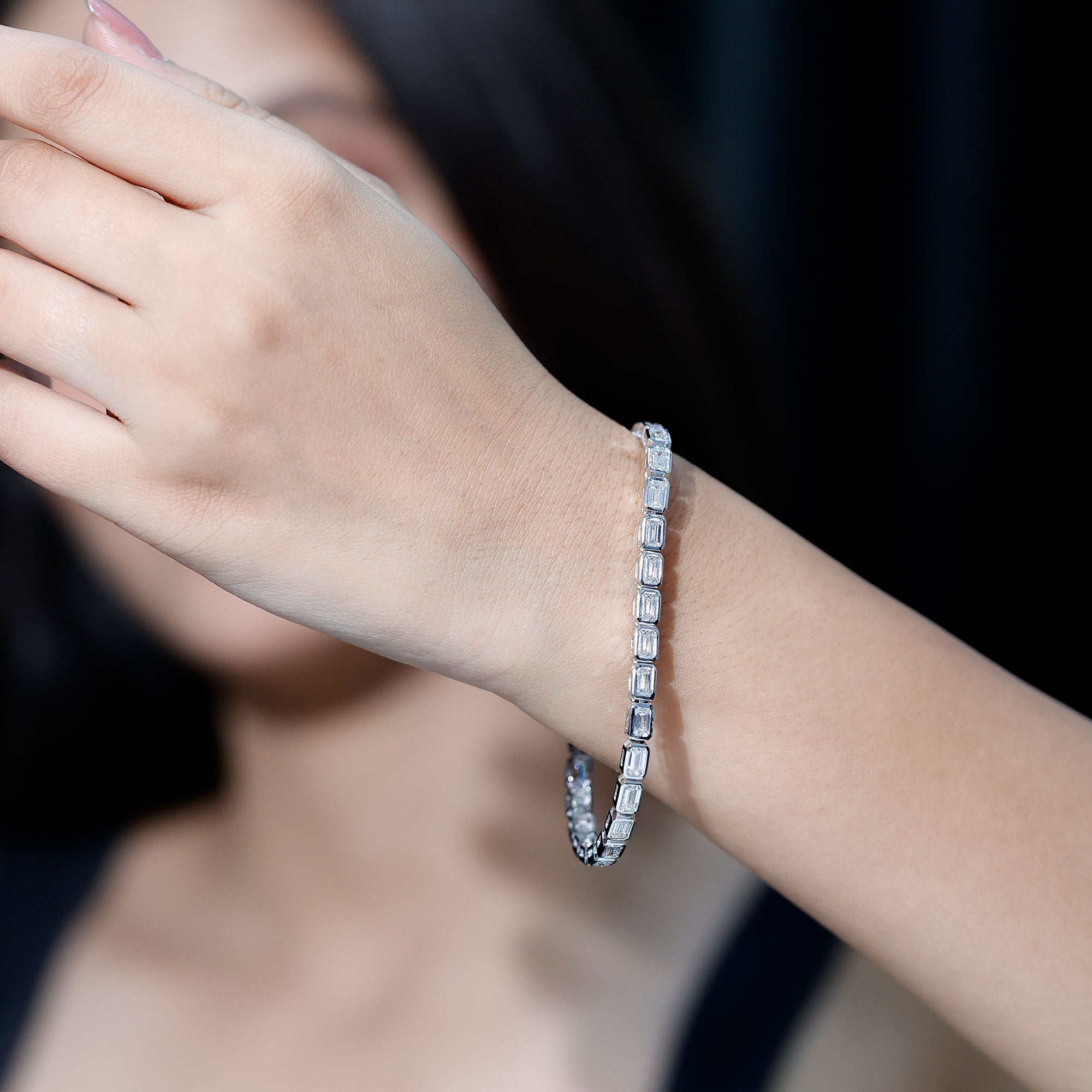 Emerald Cut 3X5 MM Lab Grown Diamond Tennis Bracelet in Bezel Setting Lab - ( EF-VS ) - Rosec Jewels