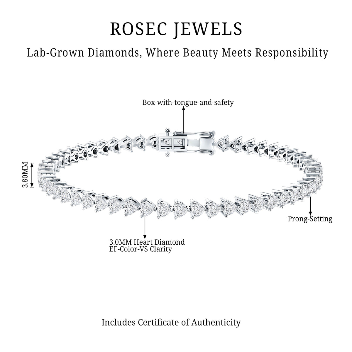 Lab Grown Diamond Heart Tennis Bracelet for Wedding Lab - ( EF-VS ) - Rosec Jewels