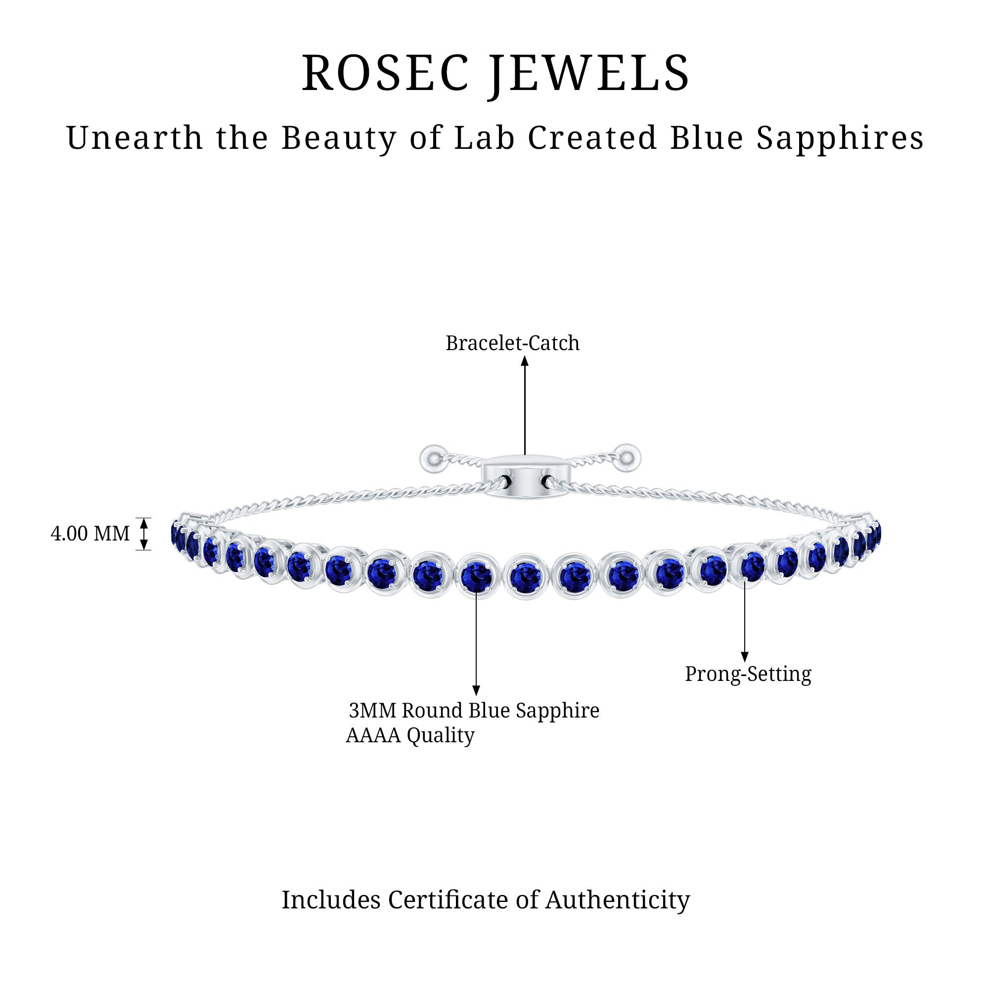 Lab Grown Blue Sapphire Tennis Bolo Bracelet with Rope Chain AAAA - Rosec Jewels