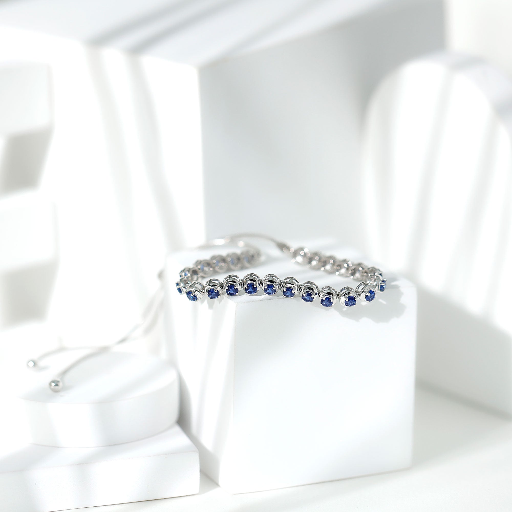 Lab Grown Blue Sapphire Tennis Bolo Bracelet with Rope Chain AAAA - Rosec Jewels