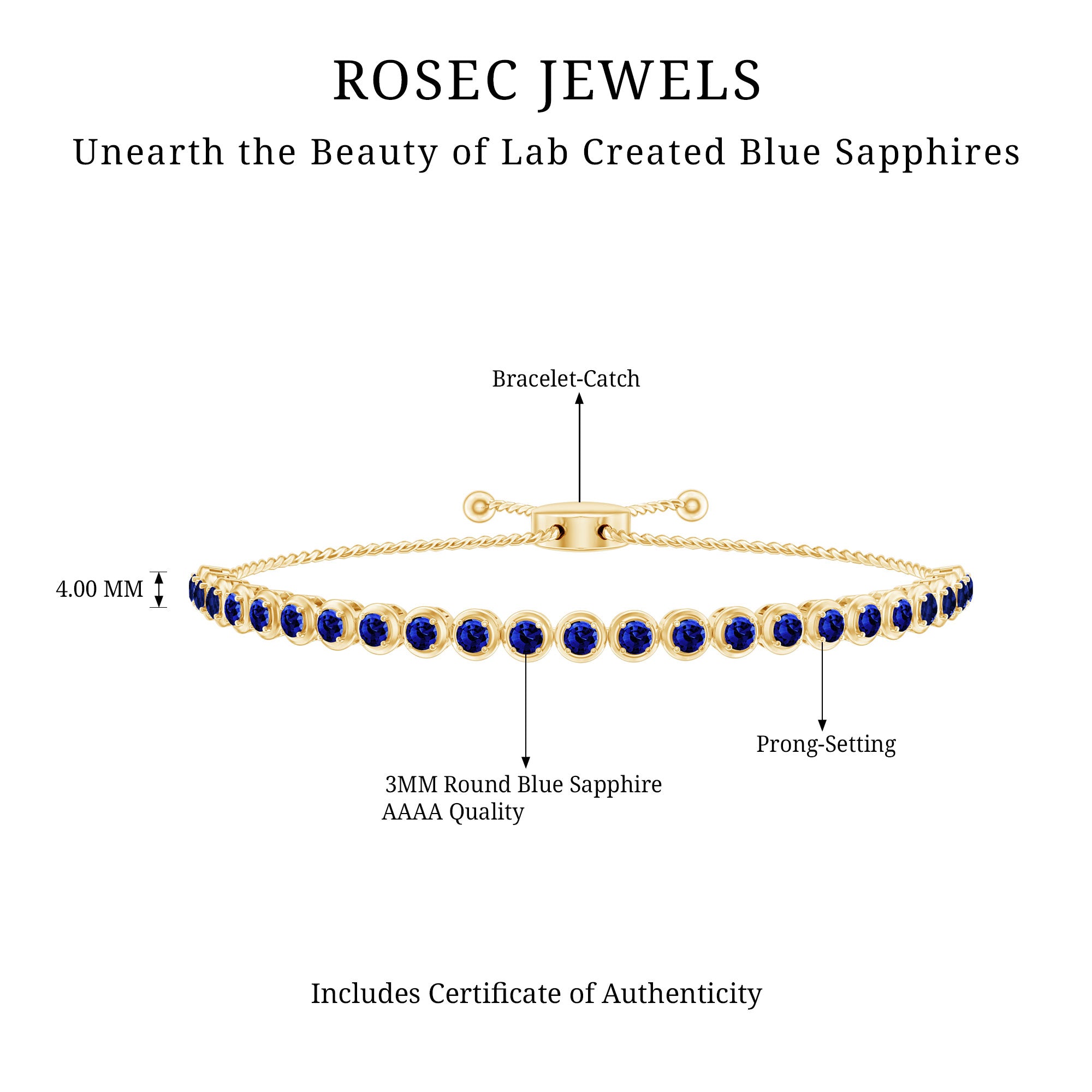 Lab Grown Blue Sapphire Tennis Bolo Bracelet with Rope Chain AAAA - Rosec Jewels
