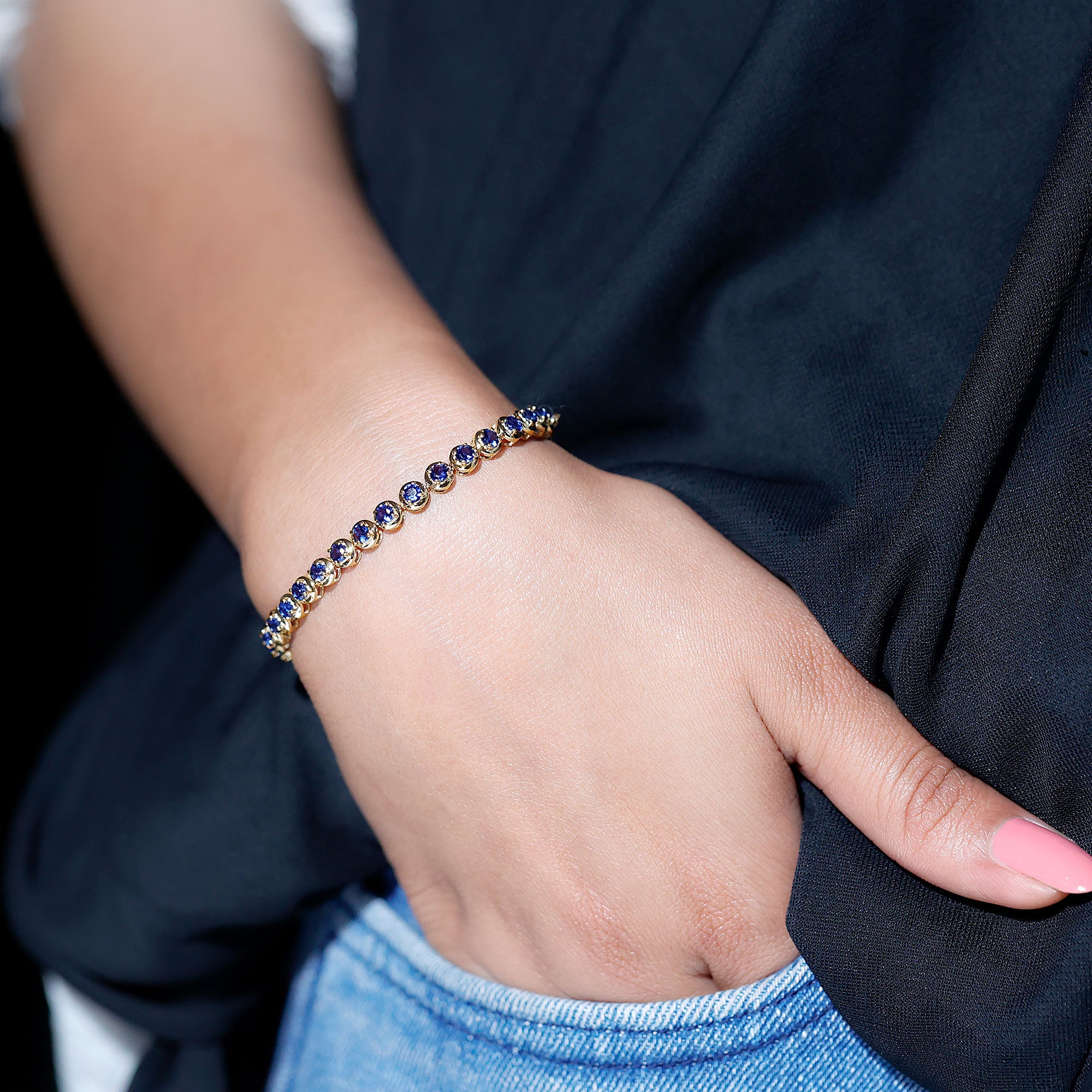 Lab Grown Blue Sapphire Tennis Bolo Bracelet with Rope Chain AAAA - Rosec Jewels