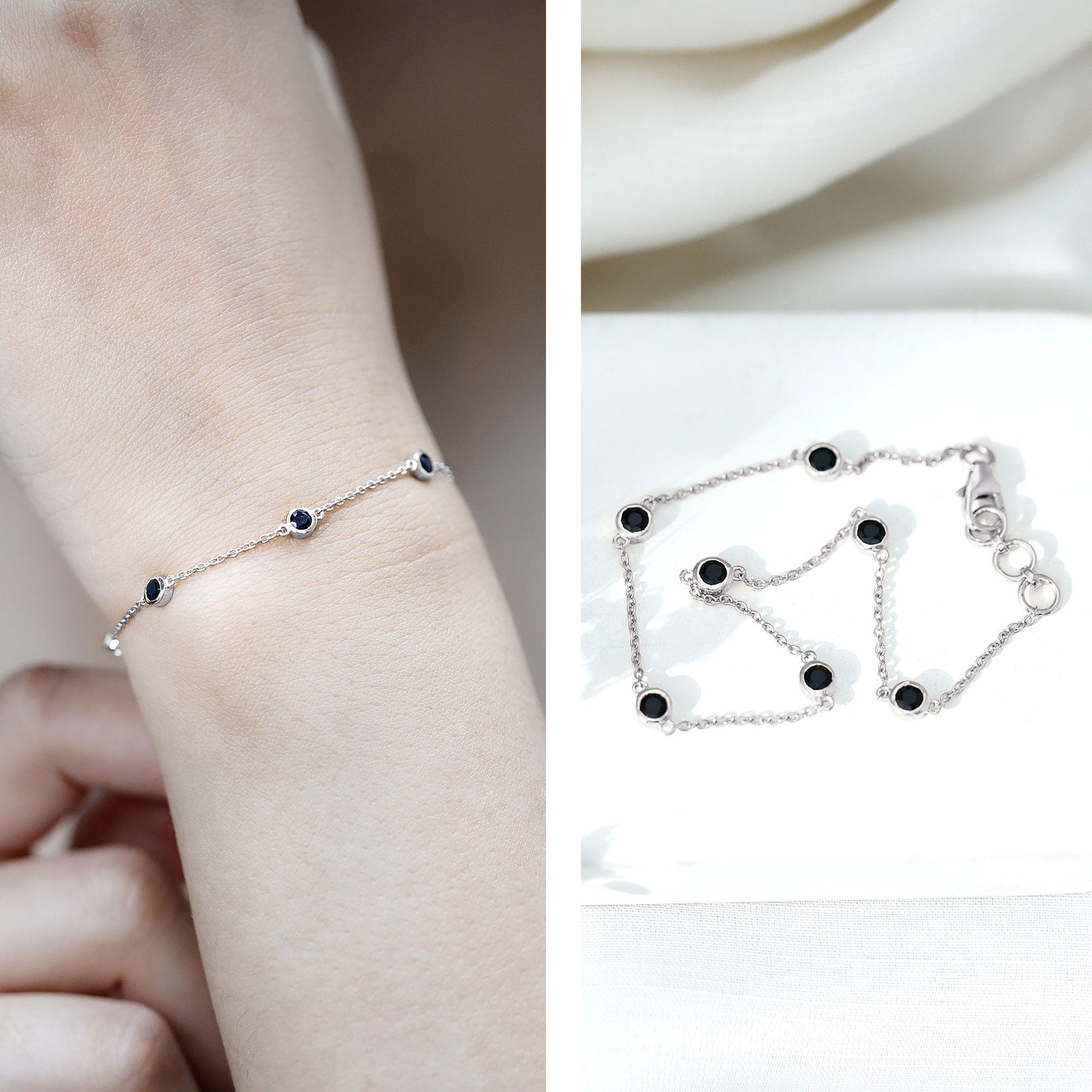 Bezel Set Black Onyx Seven Stone Station Chain Bracelet AAA - Rosec Jewels