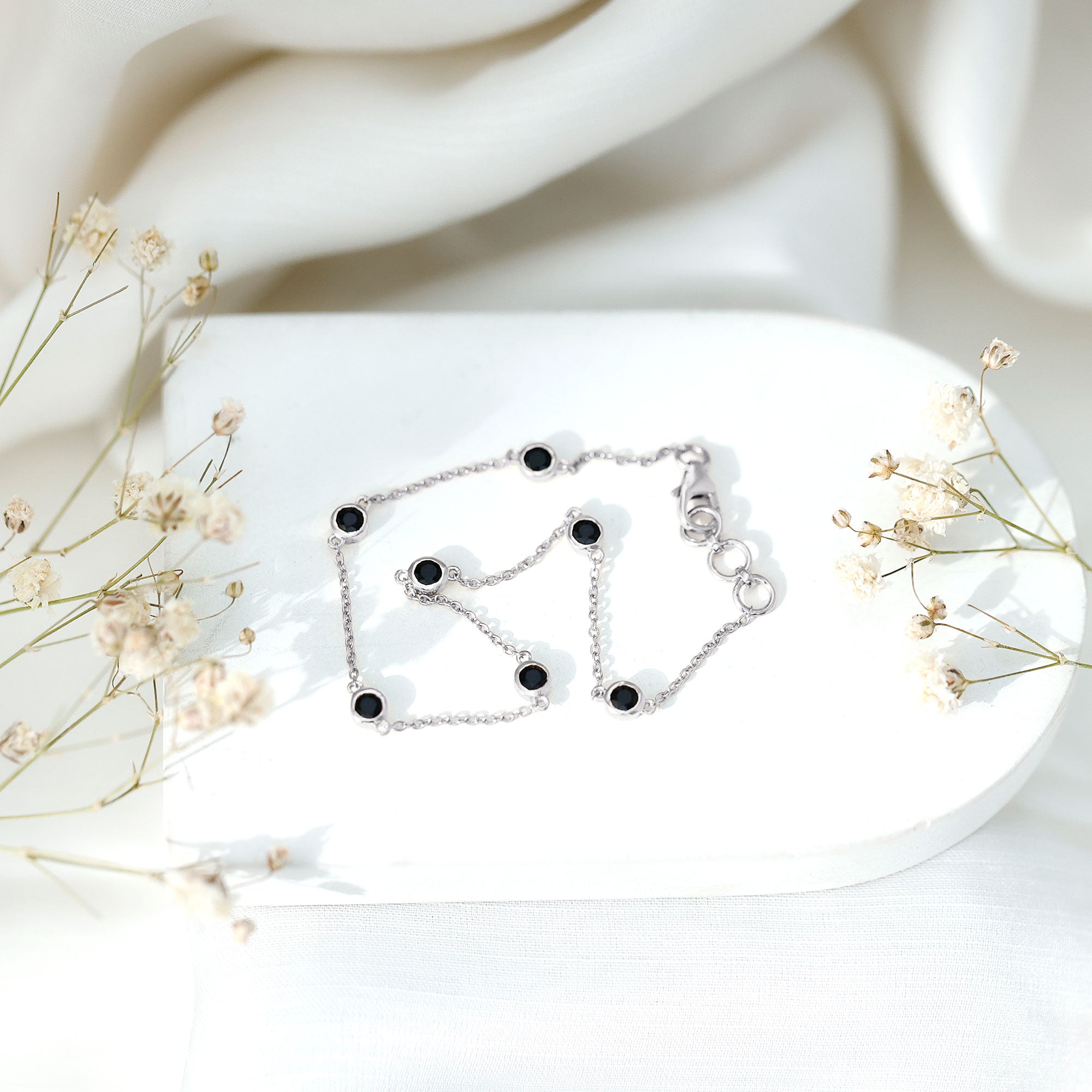 Bezel Set Black Onyx Seven Stone Station Chain Bracelet AAA - Rosec Jewels