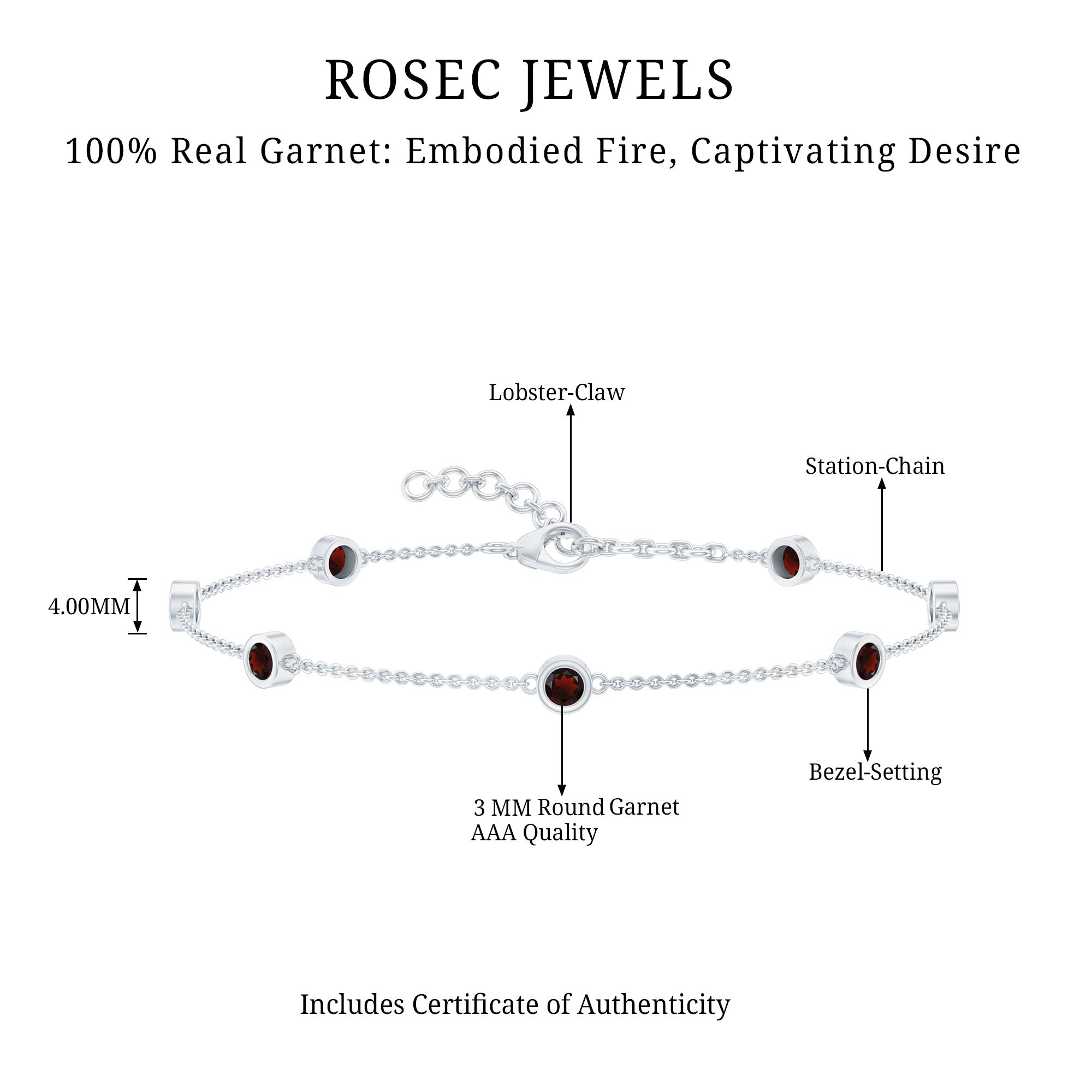 Bezel Set Garnet Seven Stone Station Chain Bracelet AAA - Rosec Jewels