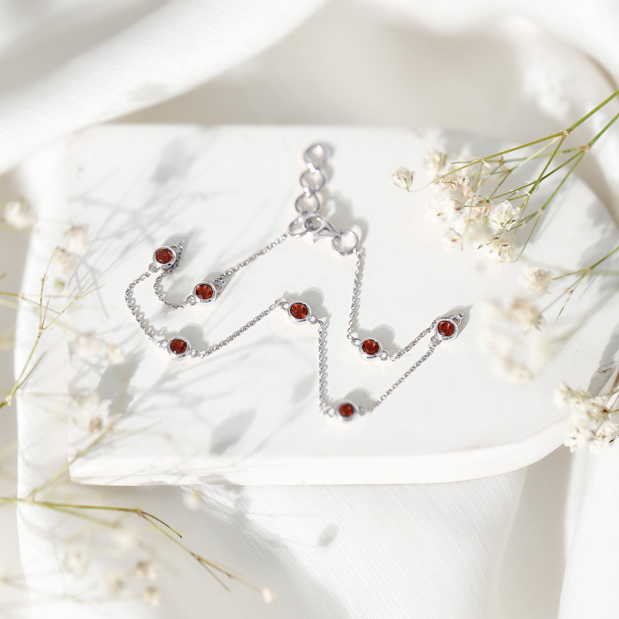 Bezel Set Garnet Seven Stone Station Chain Bracelet AAA - Rosec Jewels