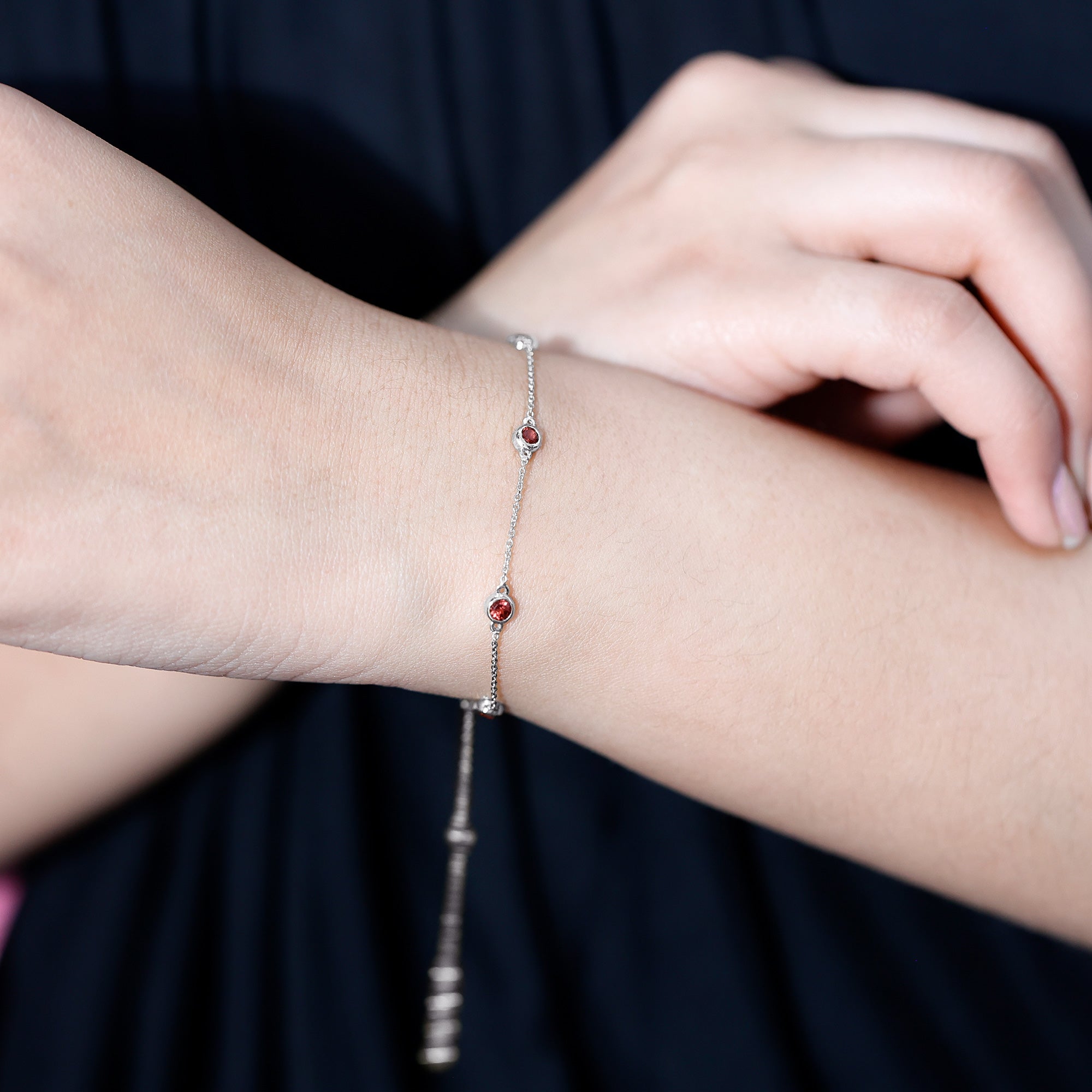 Bezel Set Garnet Seven Stone Station Chain Bracelet AAA - Rosec Jewels
