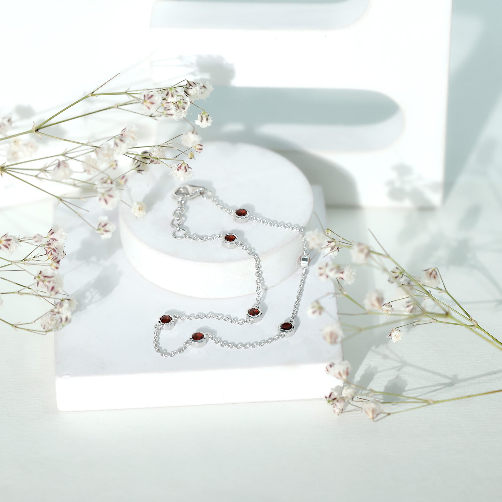 Bezel Set Garnet Seven Stone Station Chain Bracelet AAA - Rosec Jewels