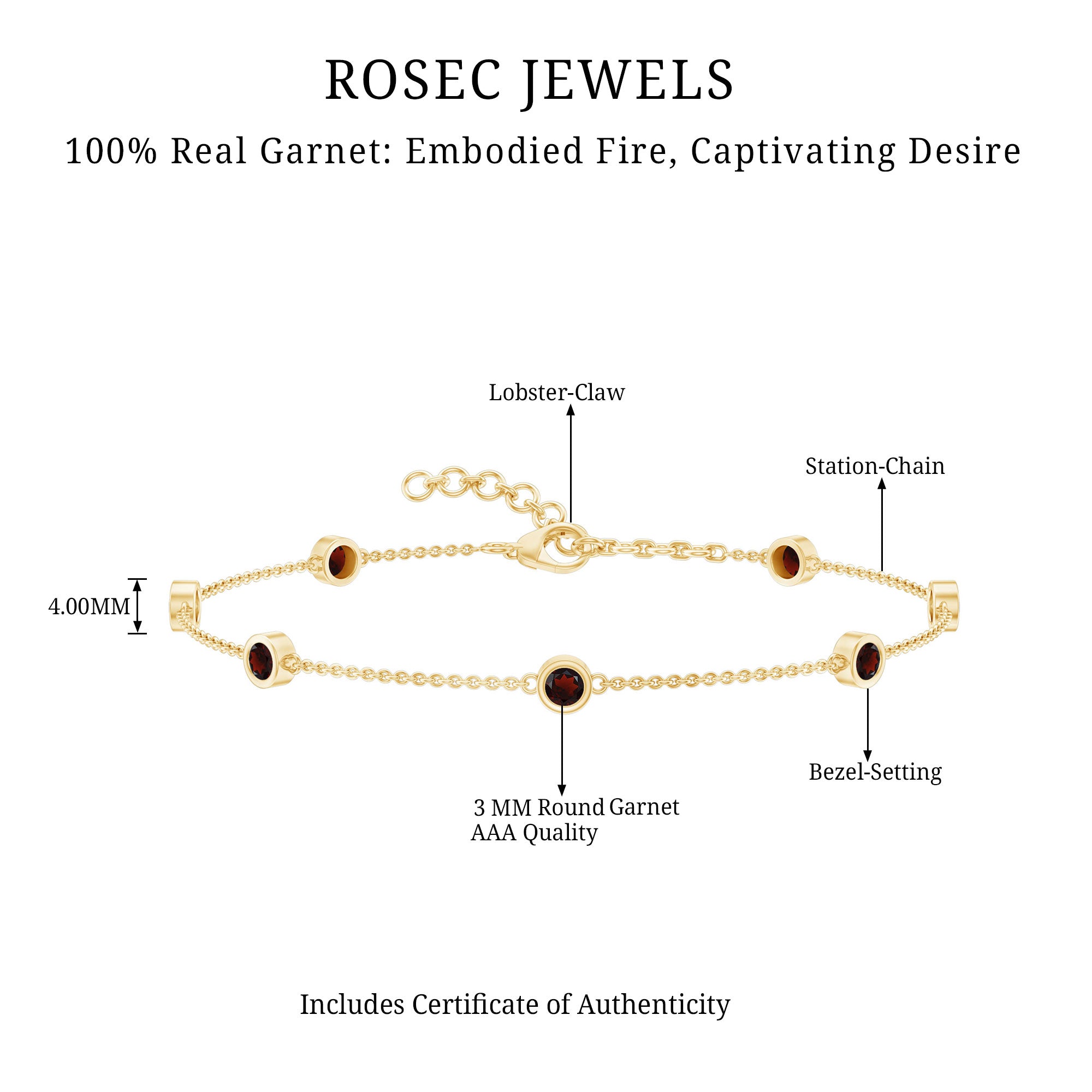 Bezel Set Garnet Seven Stone Station Chain Bracelet AAA - Rosec Jewels