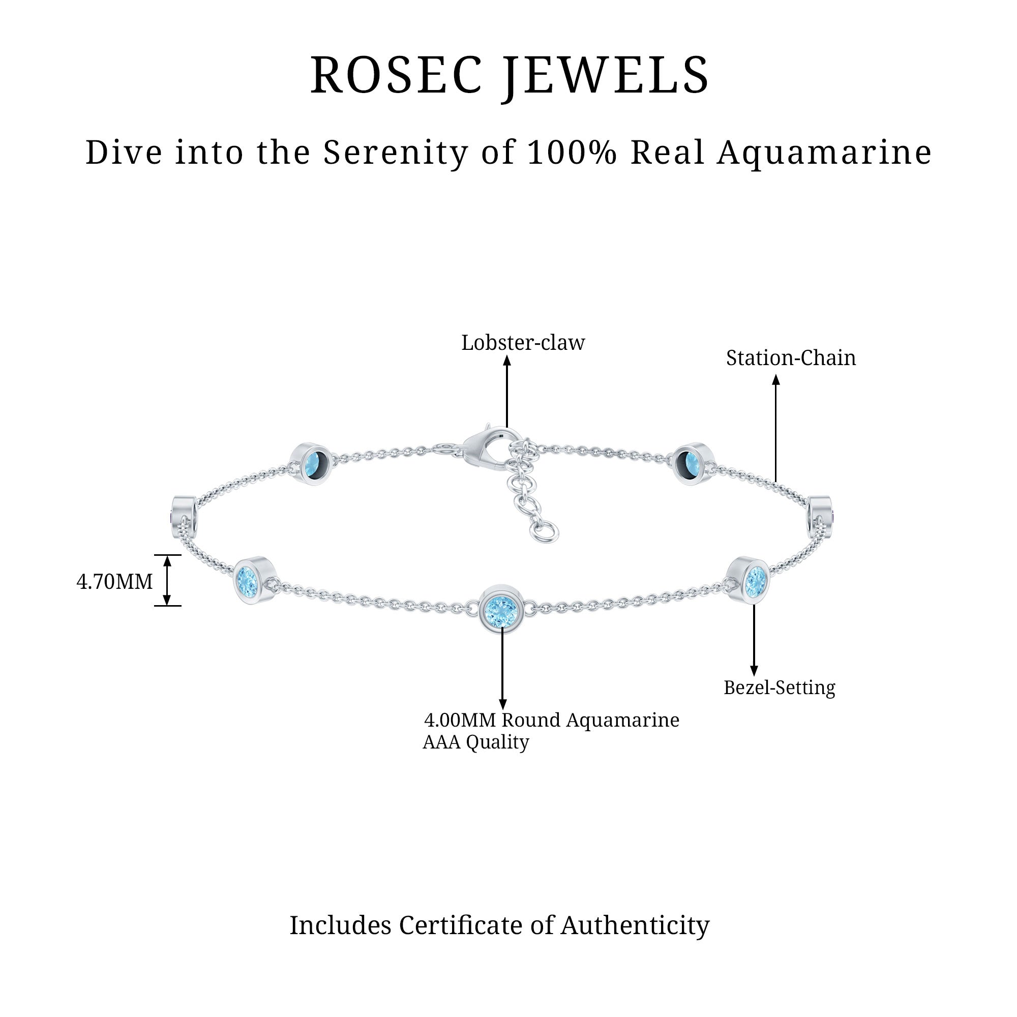 Bezel Set Aquamarine Station Bracelet for Women AAA - Rosec Jewels