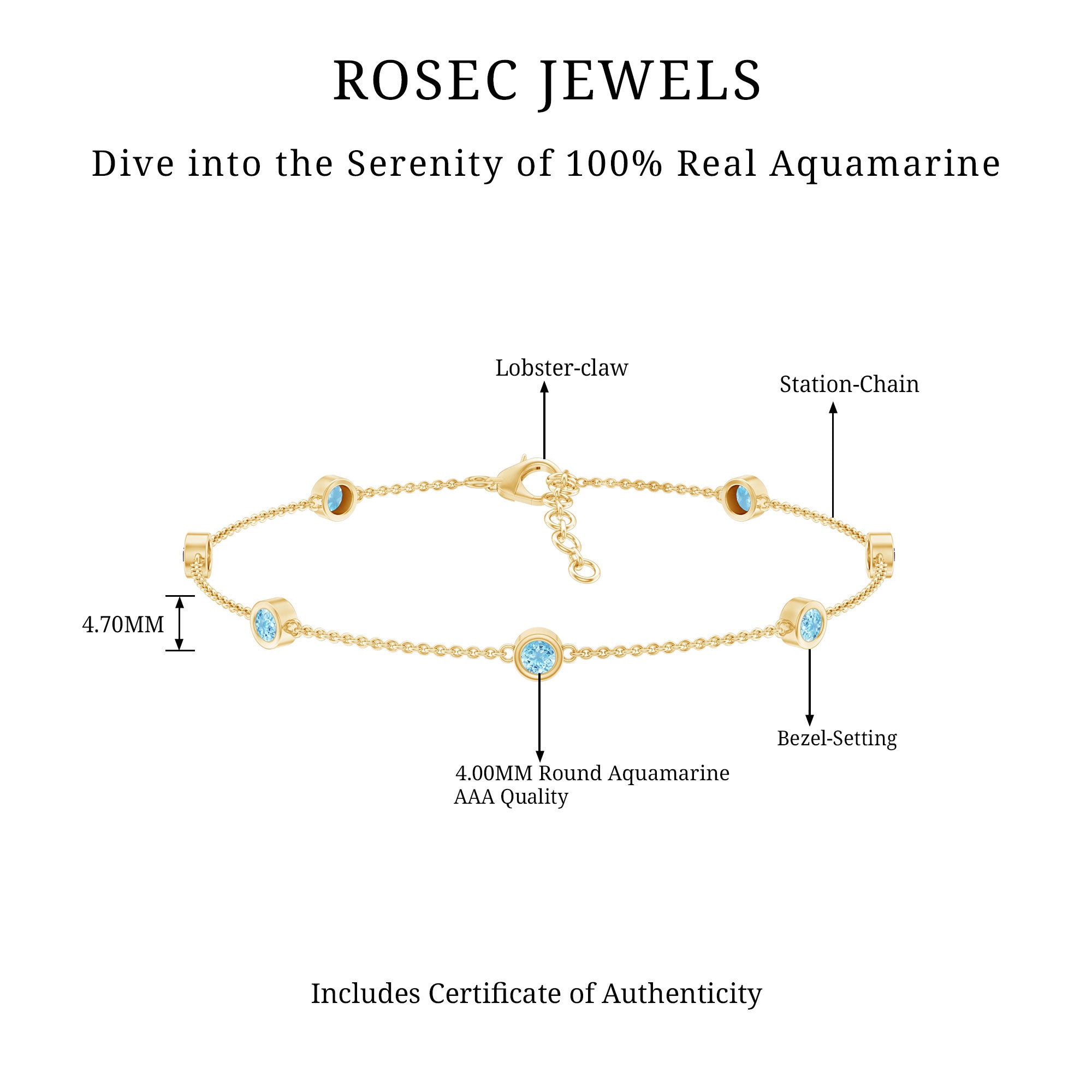 Bezel Set Aquamarine Station Bracelet for Women AAA - Rosec Jewels