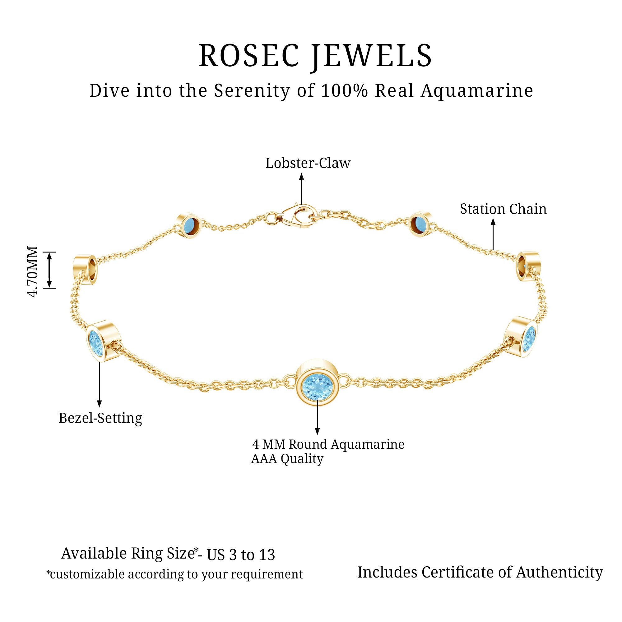 Bezel Set Aquamarine Station Bracelet for Women AAA - Rosec Jewels