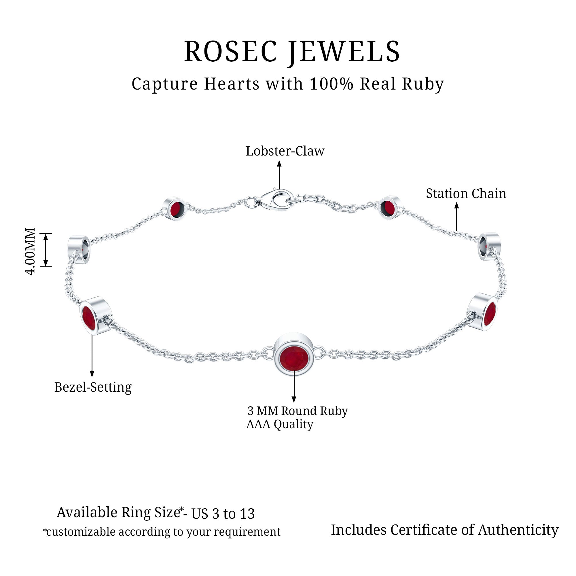Natural Ruby 7 Stone Station Chain Bracelet for Women AAA - Rosec Jewels