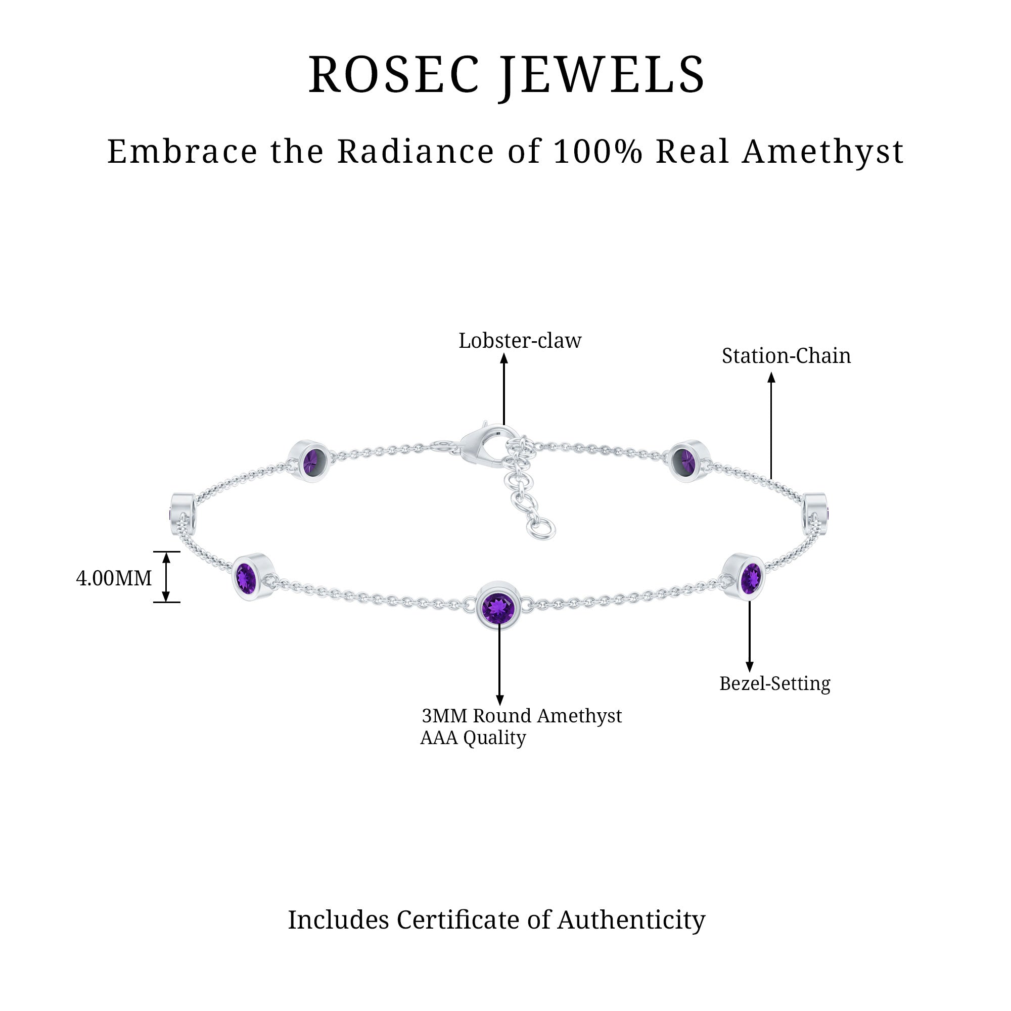 Real Amethyst Chain Bracelet in Bezel Setting AAA - Rosec Jewels