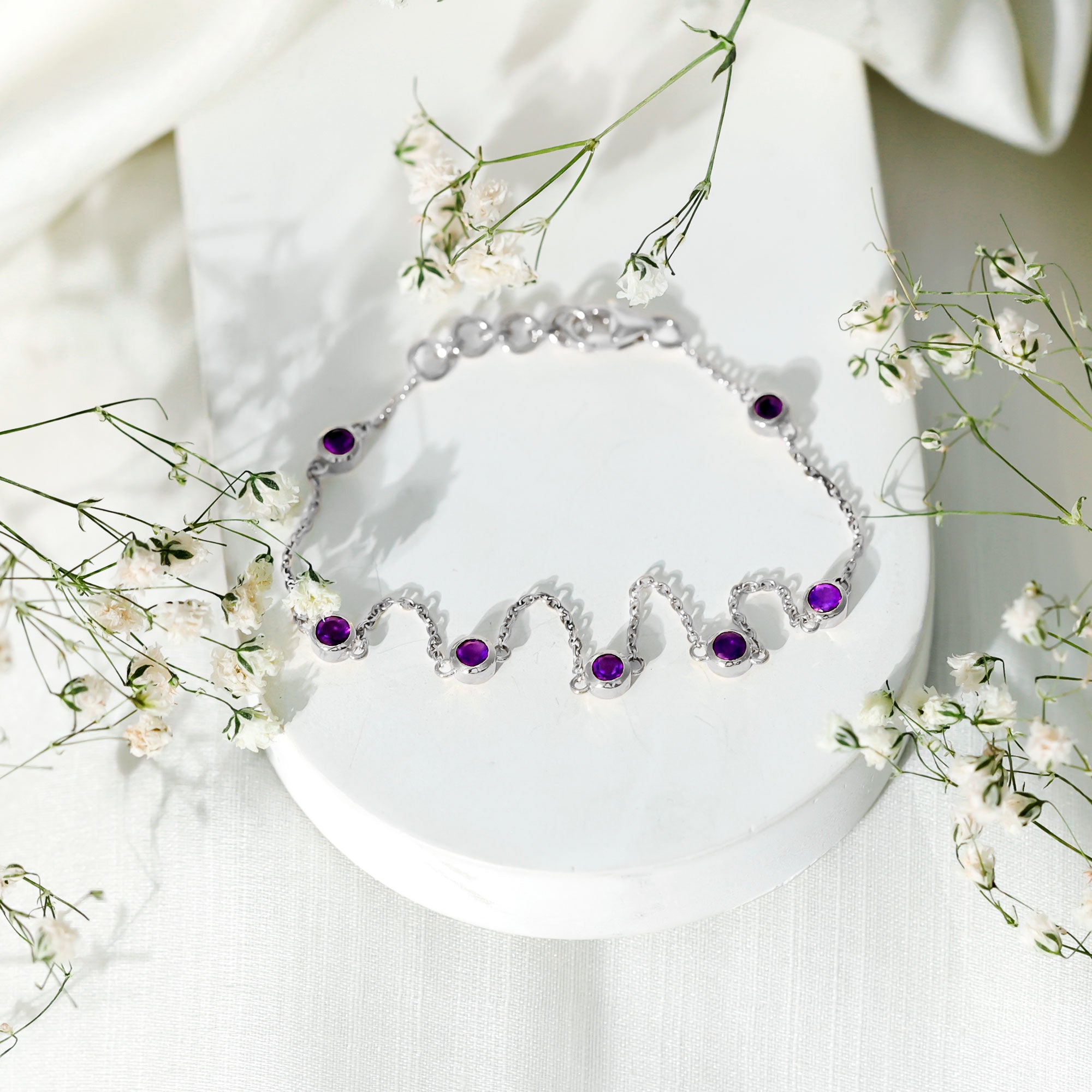 Real Amethyst Chain Bracelet in Bezel Setting AAA - Rosec Jewels