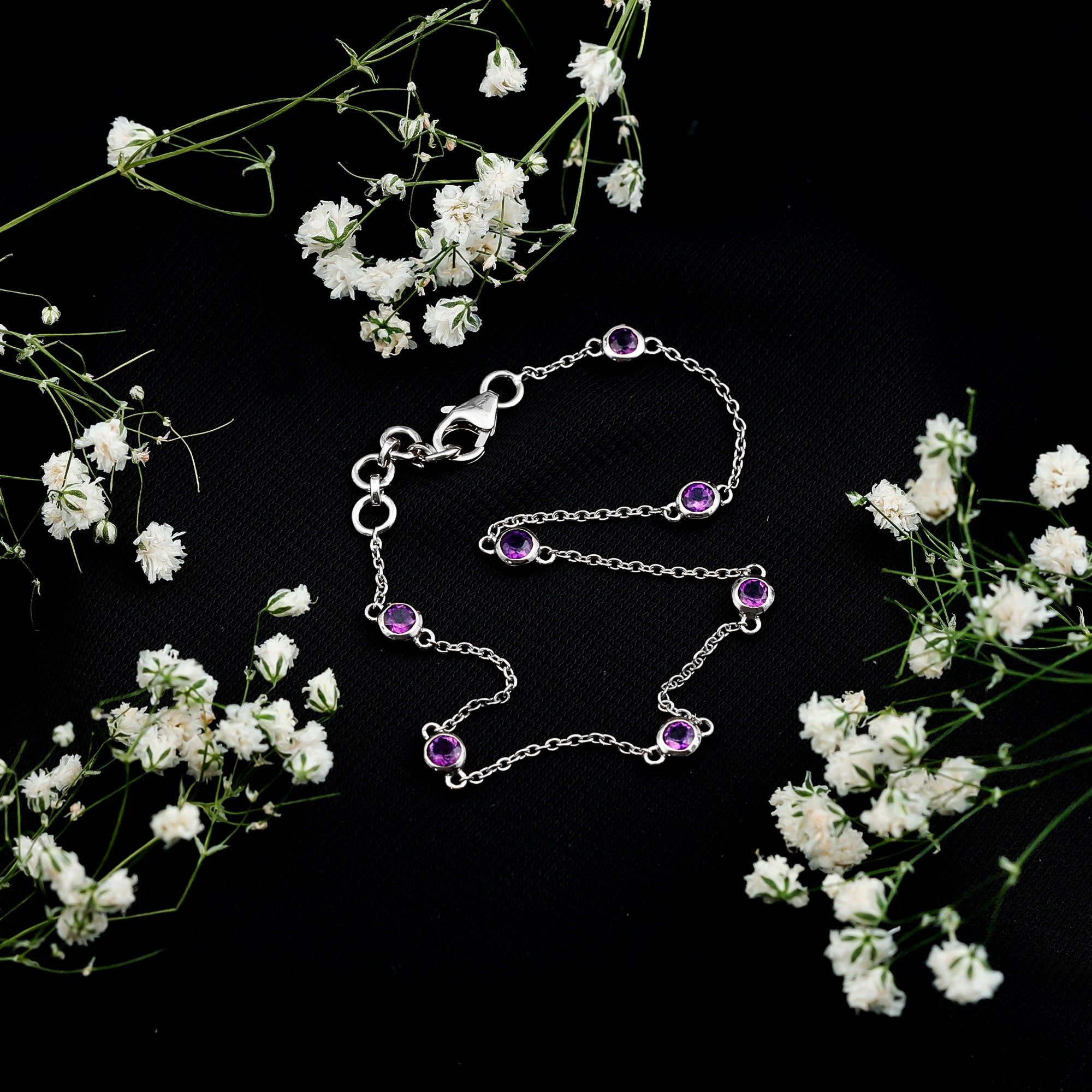 Real Amethyst Chain Bracelet in Bezel Setting AAA - Rosec Jewels