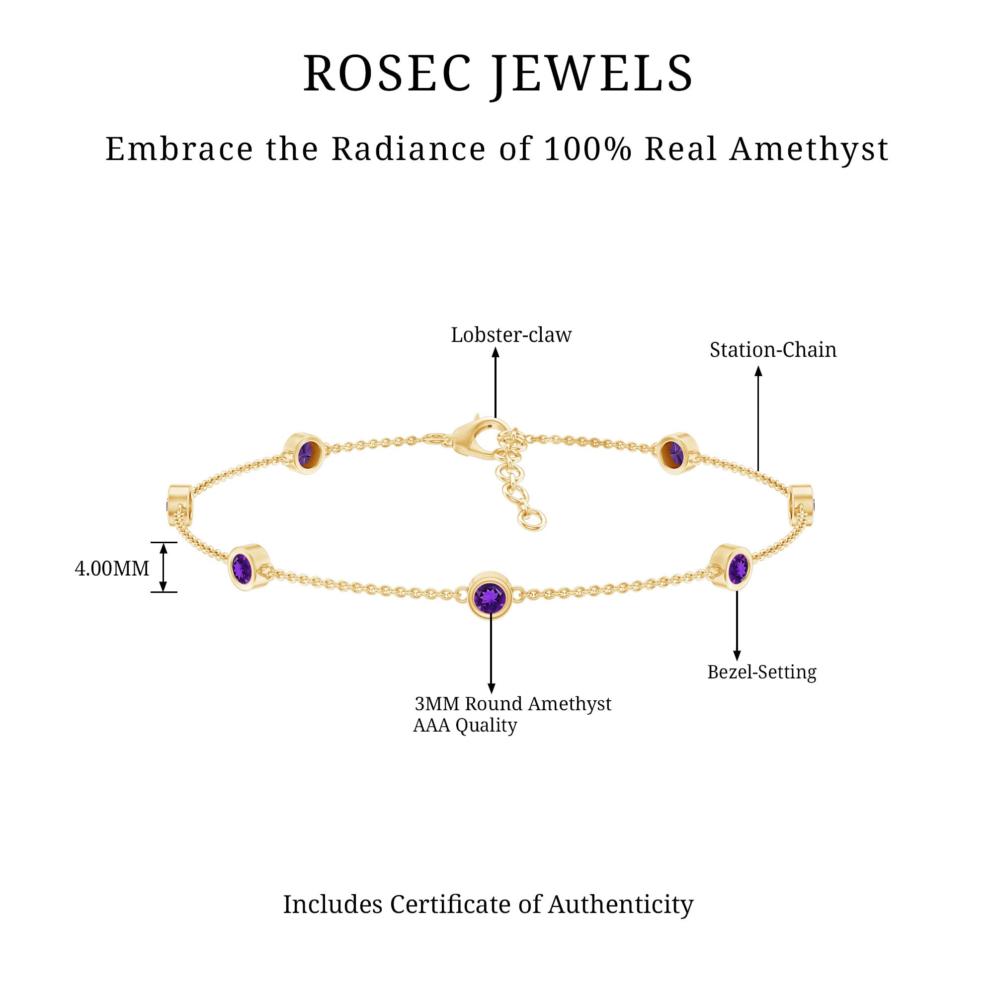 Real Amethyst Chain Bracelet in Bezel Setting AAA - Rosec Jewels
