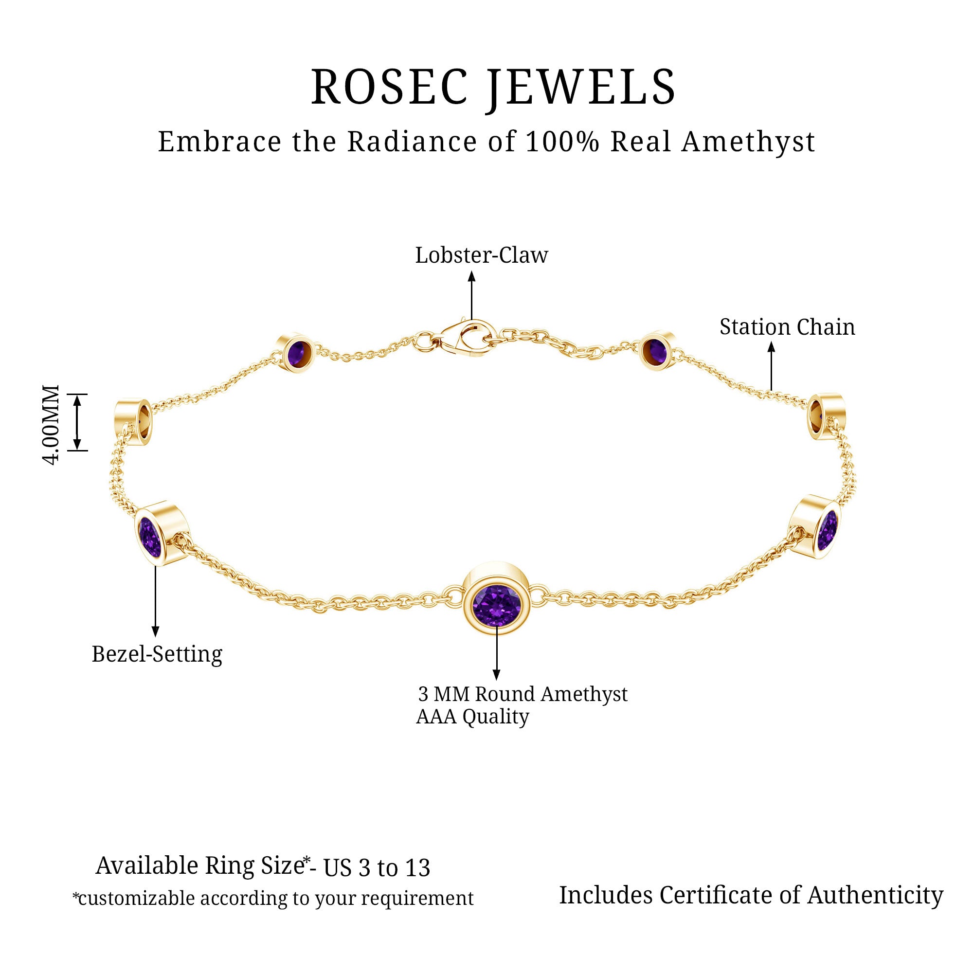 Real Amethyst Chain Bracelet in Bezel Setting AAA - Rosec Jewels