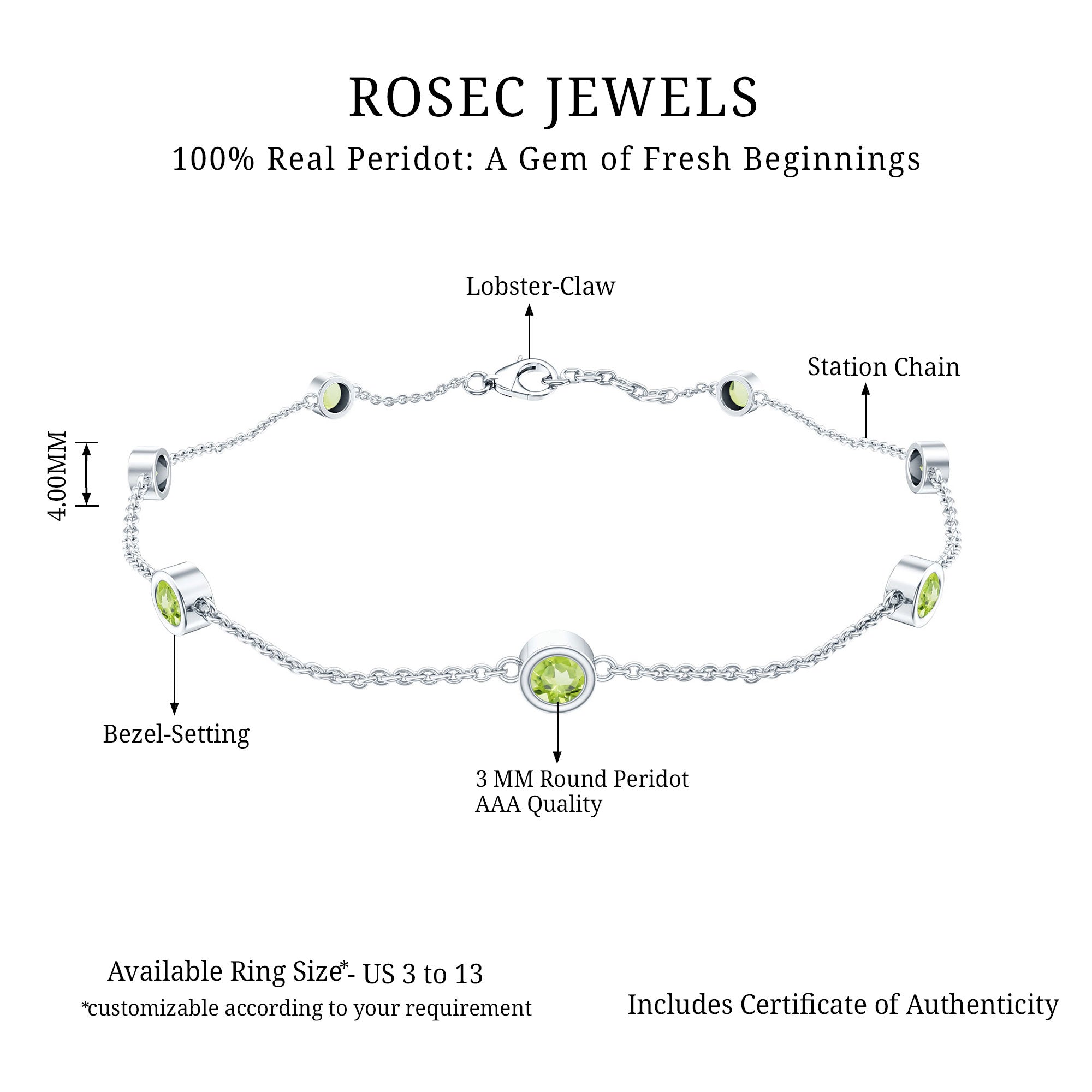 Bezel Set Seven Stone Peridot Station Bracelet AAA - Rosec Jewels