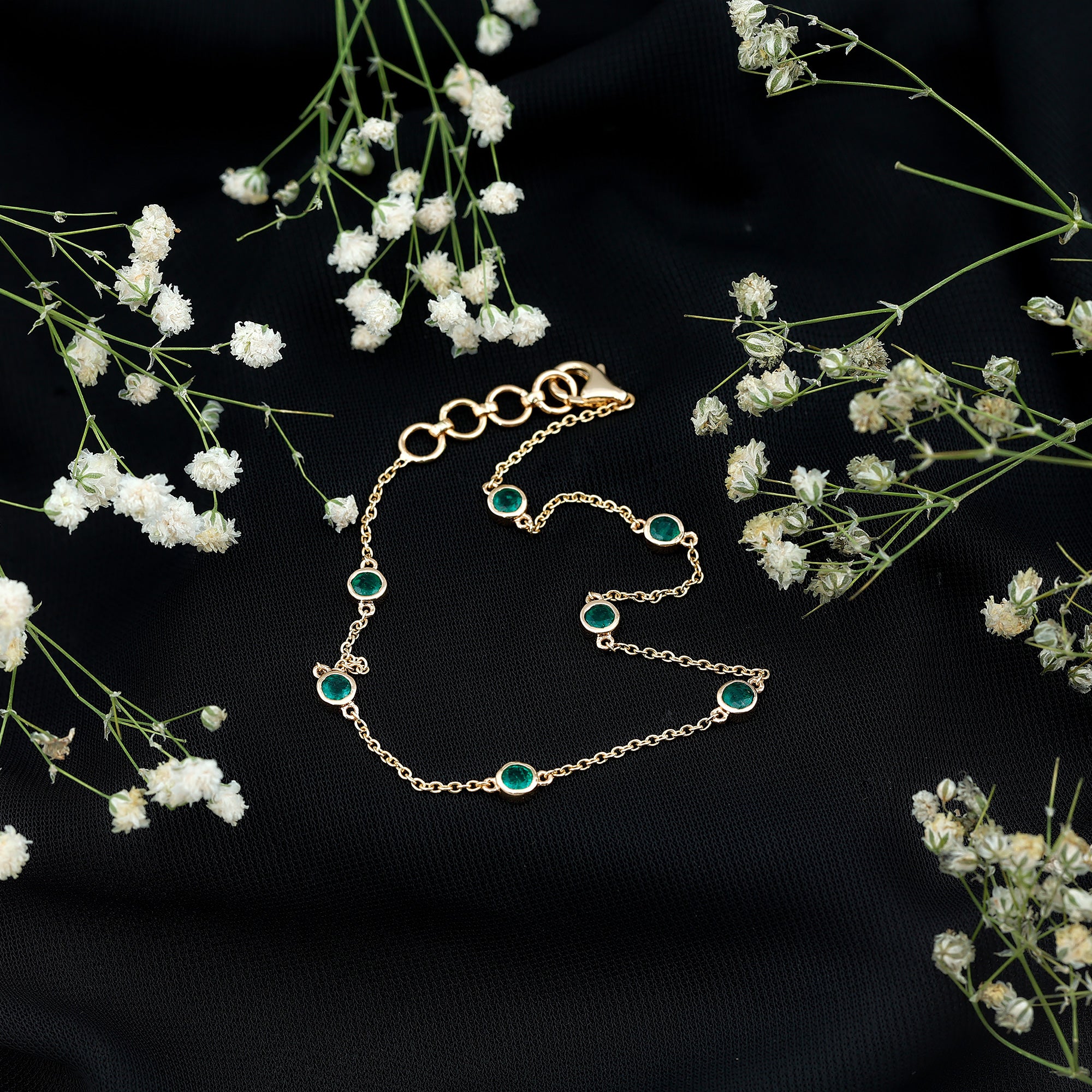 Bezel Set Emerald Station Chain Bracelet for Her AAA - Rosec Jewels