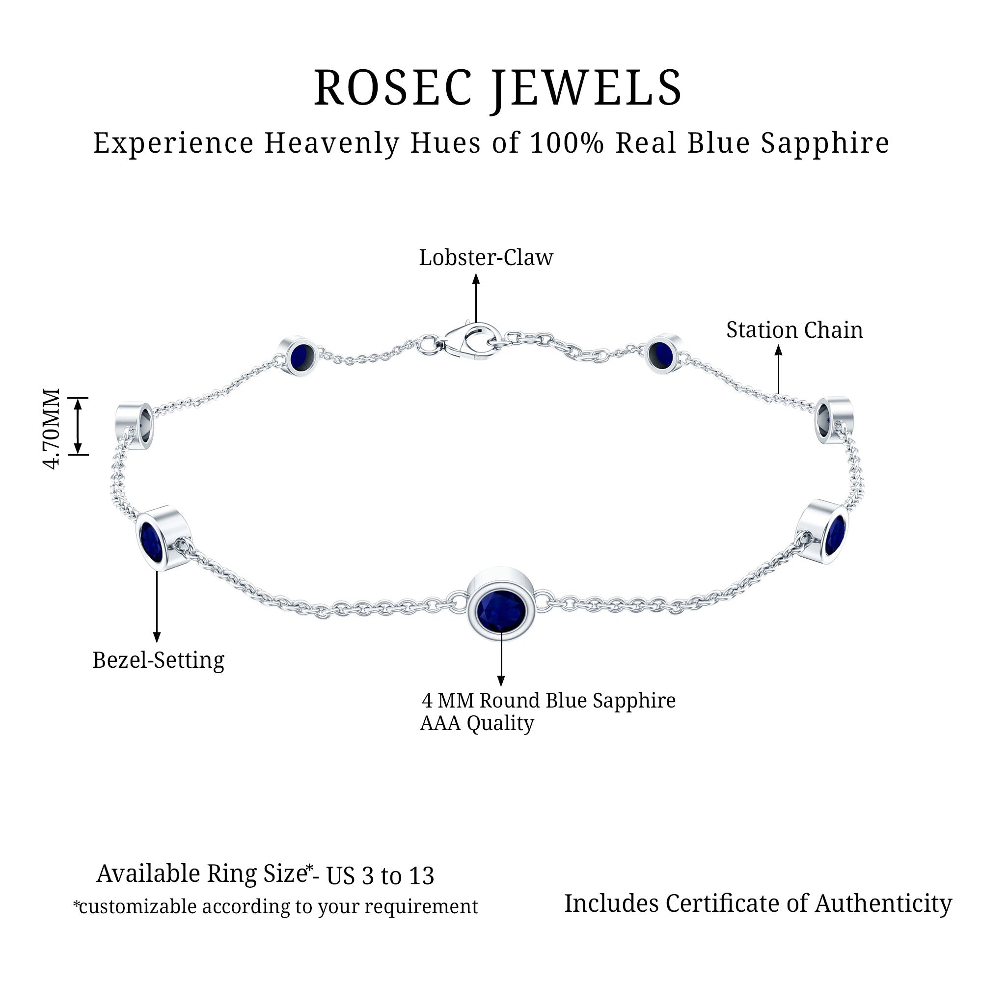 Natural Blue Sapphire 7 Stone Station Chain Bracelet AAA - Rosec Jewels