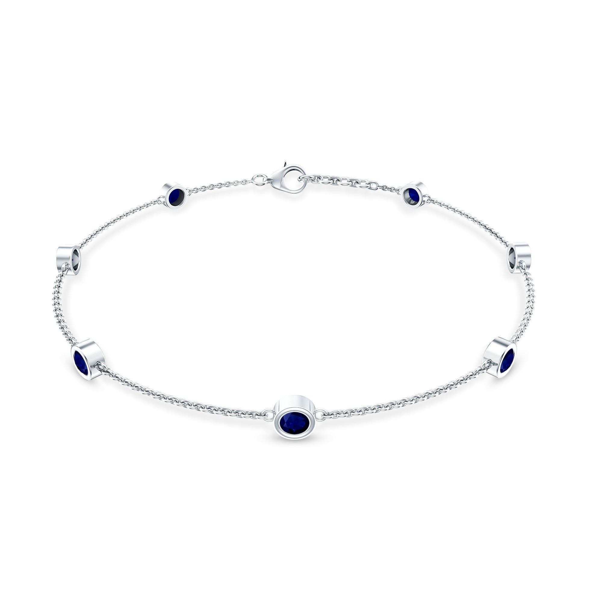 Natural Blue Sapphire 7 Stone Station Chain Bracelet AAA - Rosec Jewels