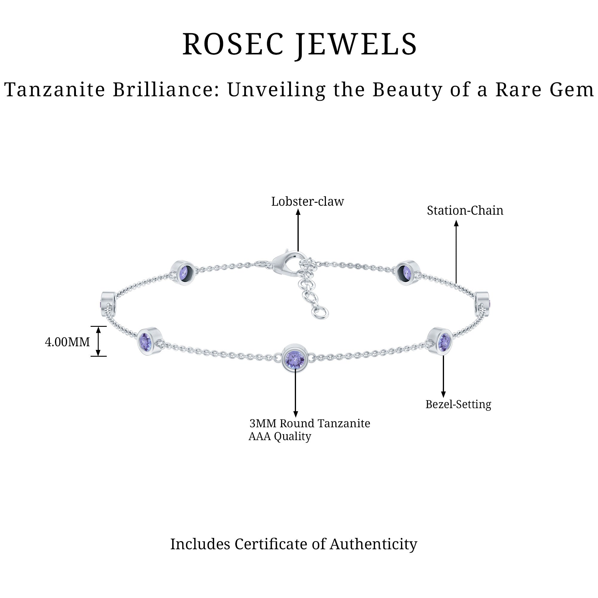 Certified Natural Tanzanite Chain Bracelet for Her AAA - Rosec Jewels