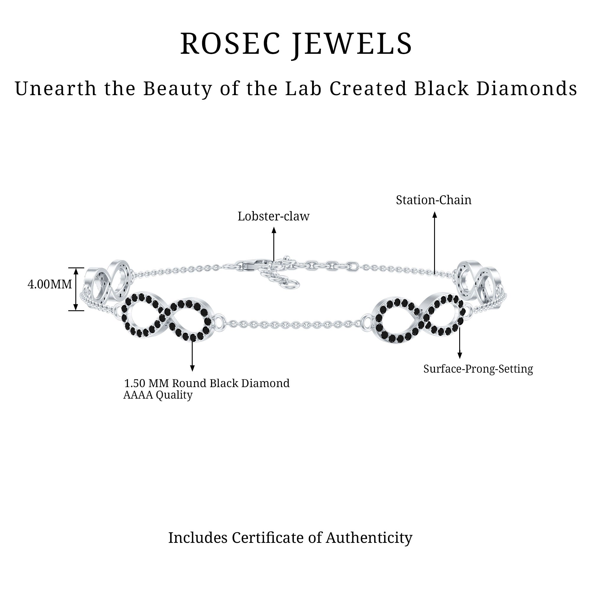 Certified Lab Grown Black Diamond Infinity Chain Bracelet AAAA ( Synthetic ) - Rosec Jewels