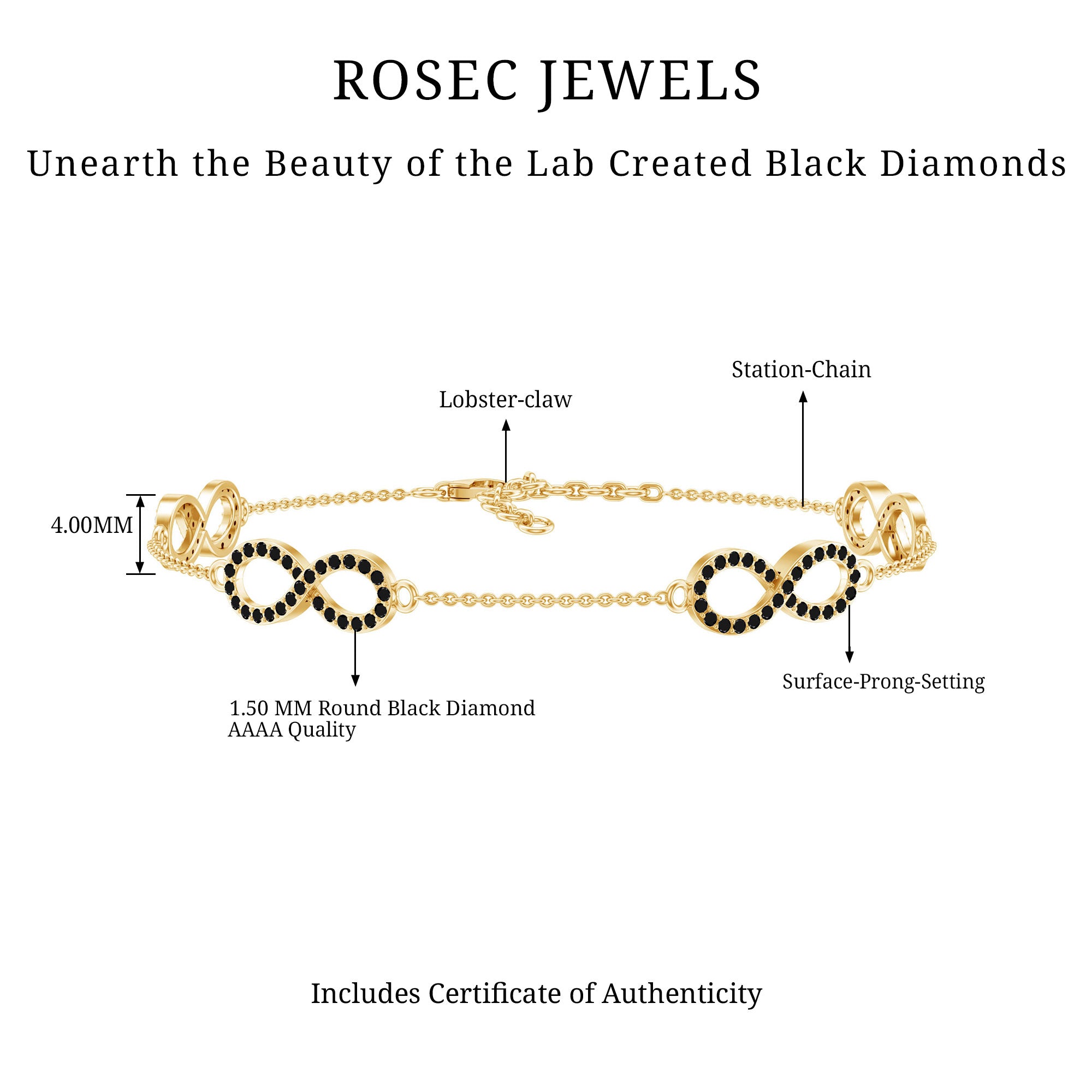 Certified Lab Grown Black Diamond Infinity Chain Bracelet AAAA ( Synthetic ) - Rosec Jewels