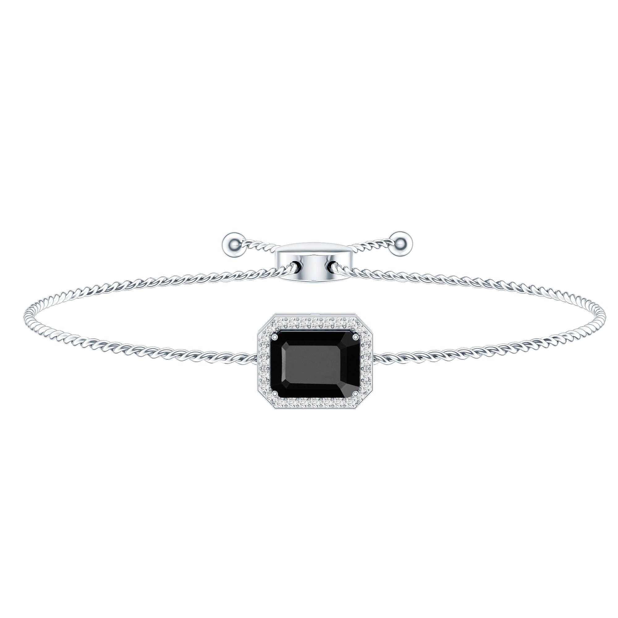 Natural 1.8 Carat Emerald Cut Black Onyx Bolo Bracelet with Diamond Halo AAA - Rosec Jewels