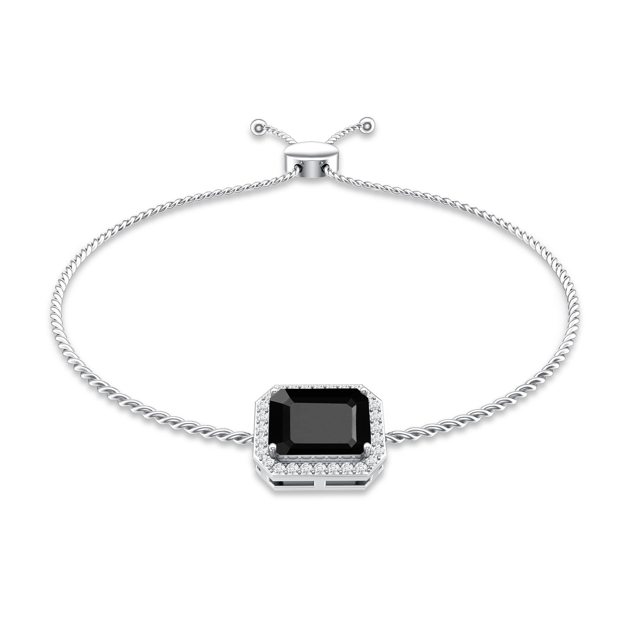 Natural 1.8 Carat Emerald Cut Black Onyx Bolo Bracelet with Diamond Halo AAA - Rosec Jewels